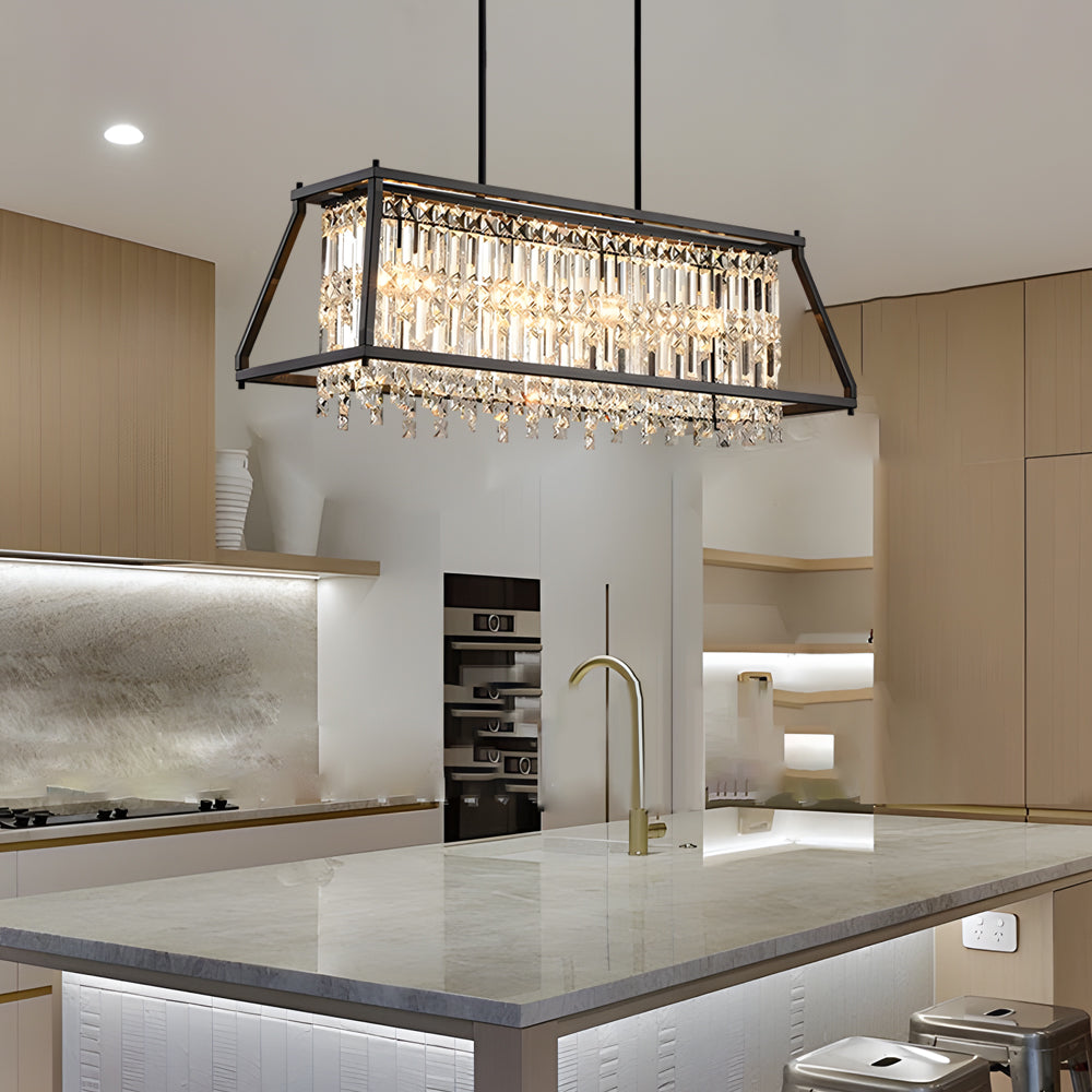 Modern Trapezoidal Black Metal and Crystal Chandelier for Dining Room Island Lighting