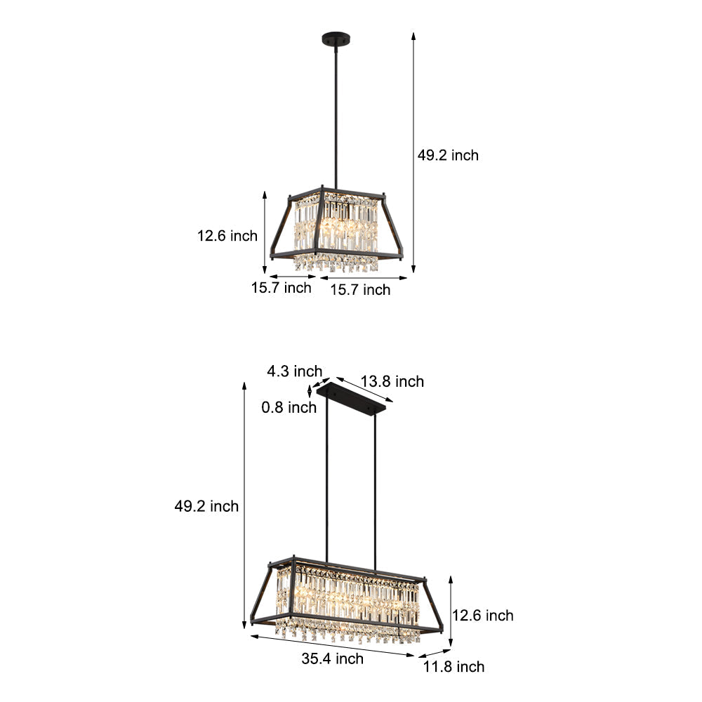 Modern Trapezoidal Black Metal and Crystal Chandelier for Dining Room Island Lighting
