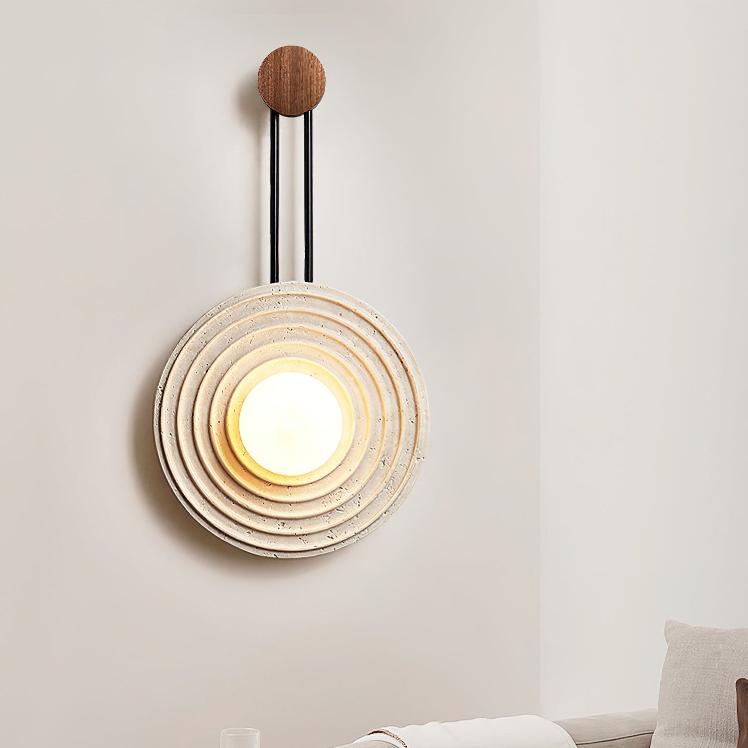 Modern Travertine Growth Ring Wall Sconce Wood and Glass Pendulum Style Indoor Light