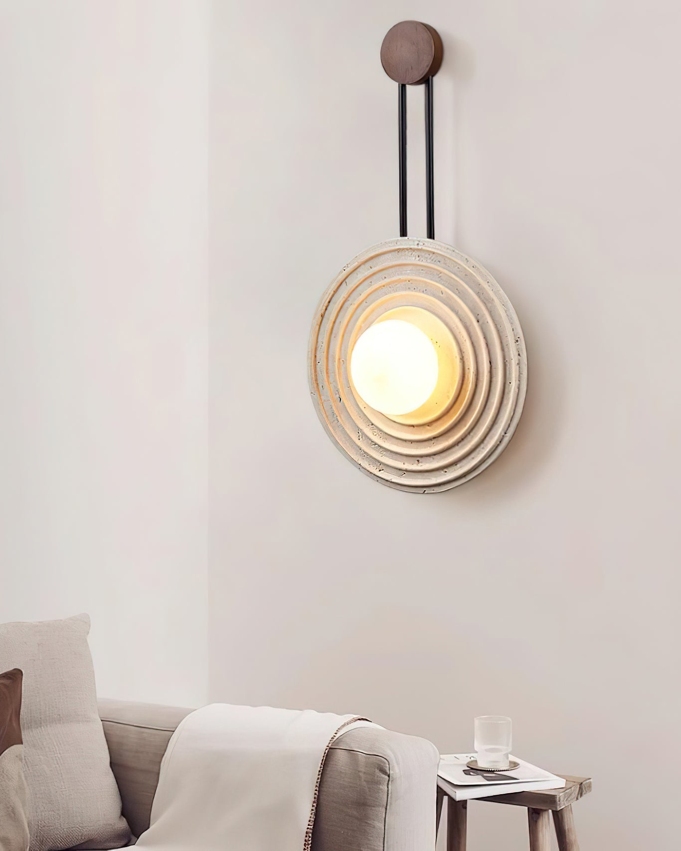Modern Travertine Growth Ring Wall Sconce Wood and Glass Pendulum Style Indoor Light