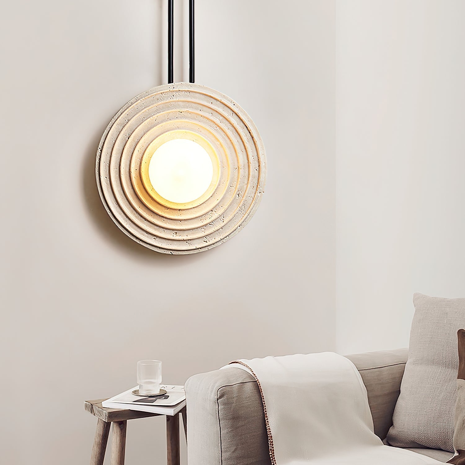 Modern Travertine Growth Ring Wall Sconce Wood and Glass Pendulum Style Indoor Light