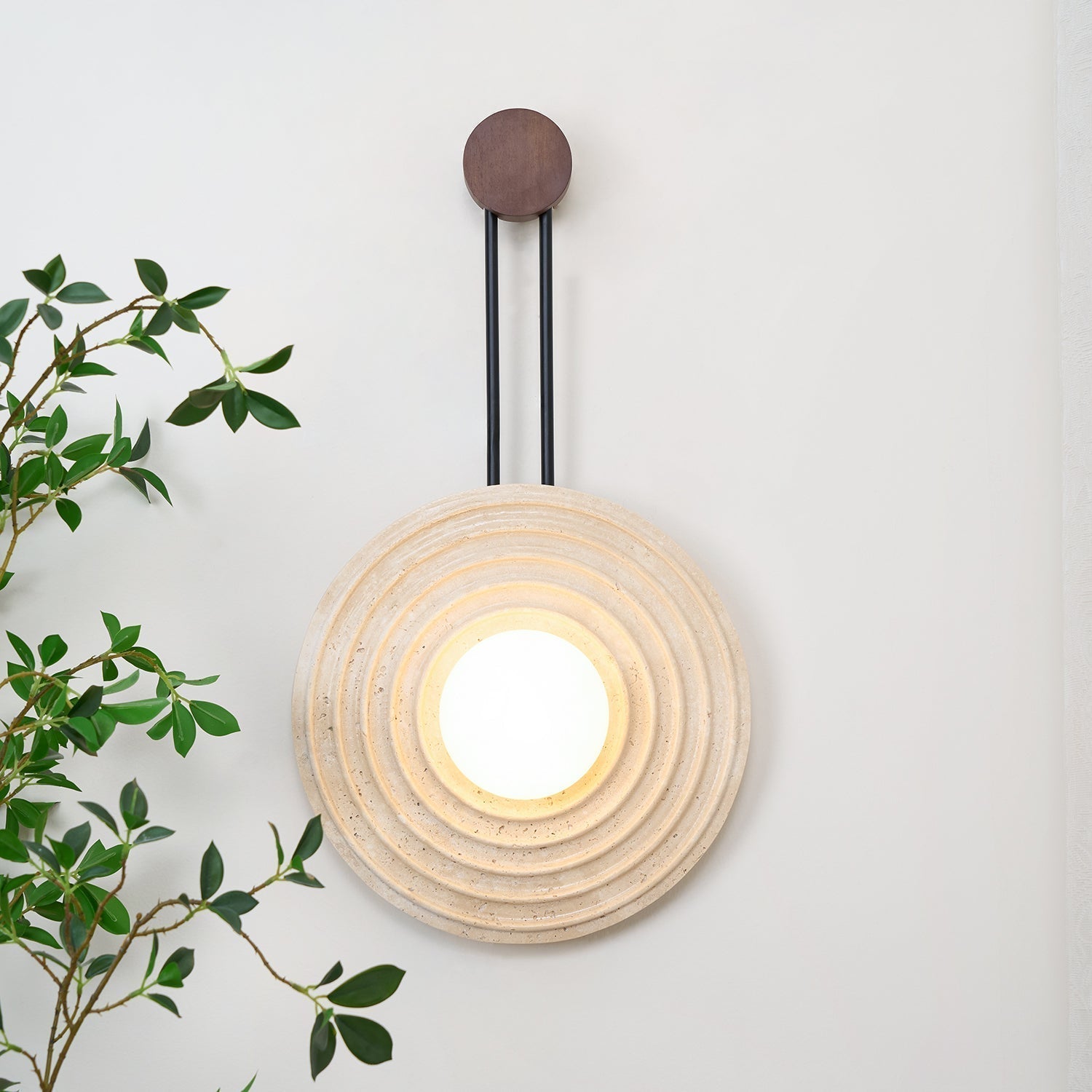 Modern Travertine Growth Ring Wall Sconce Wood and Glass Pendulum Style Indoor Light