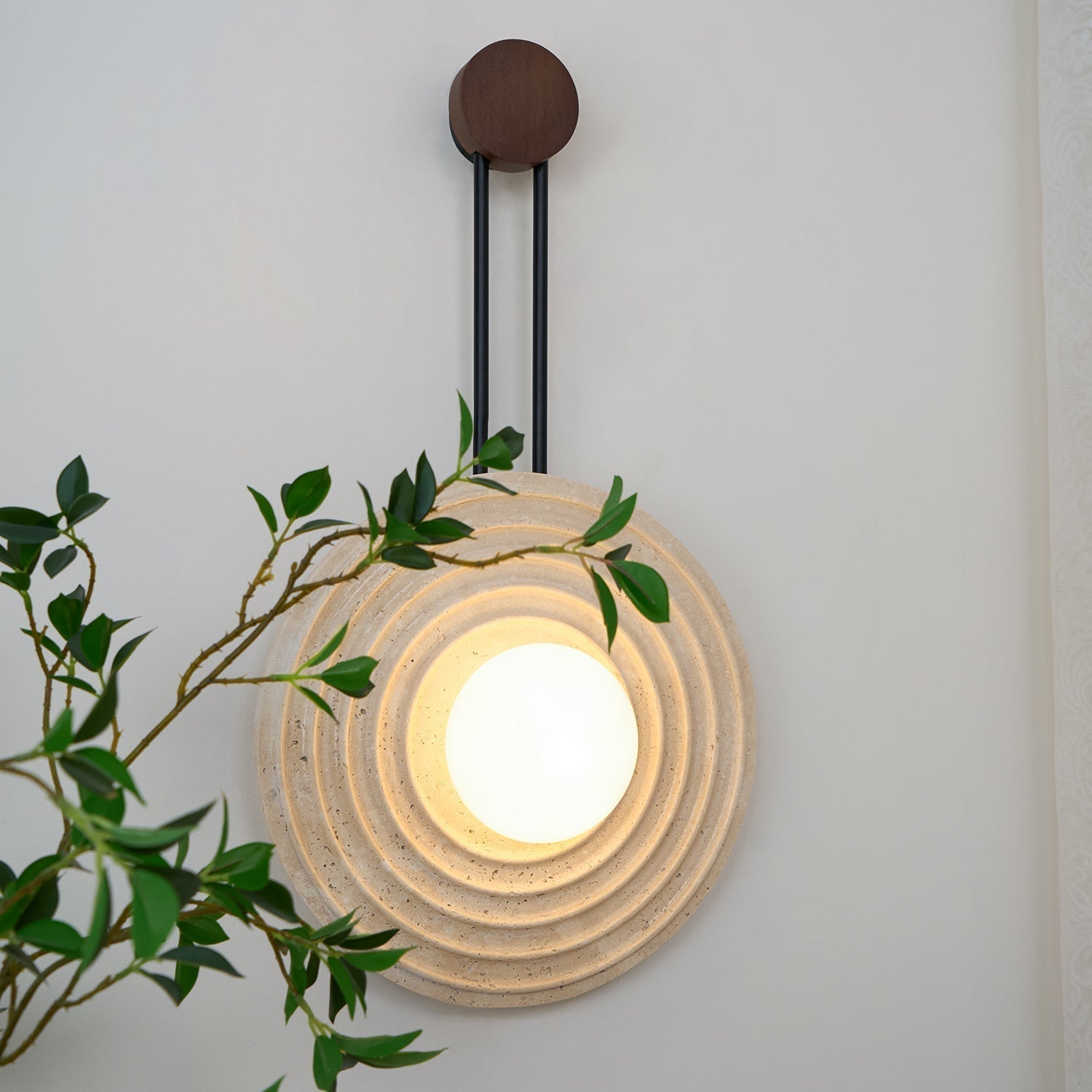 Modern Travertine Growth Ring Wall Sconce Wood and Glass Pendulum Style Indoor Light