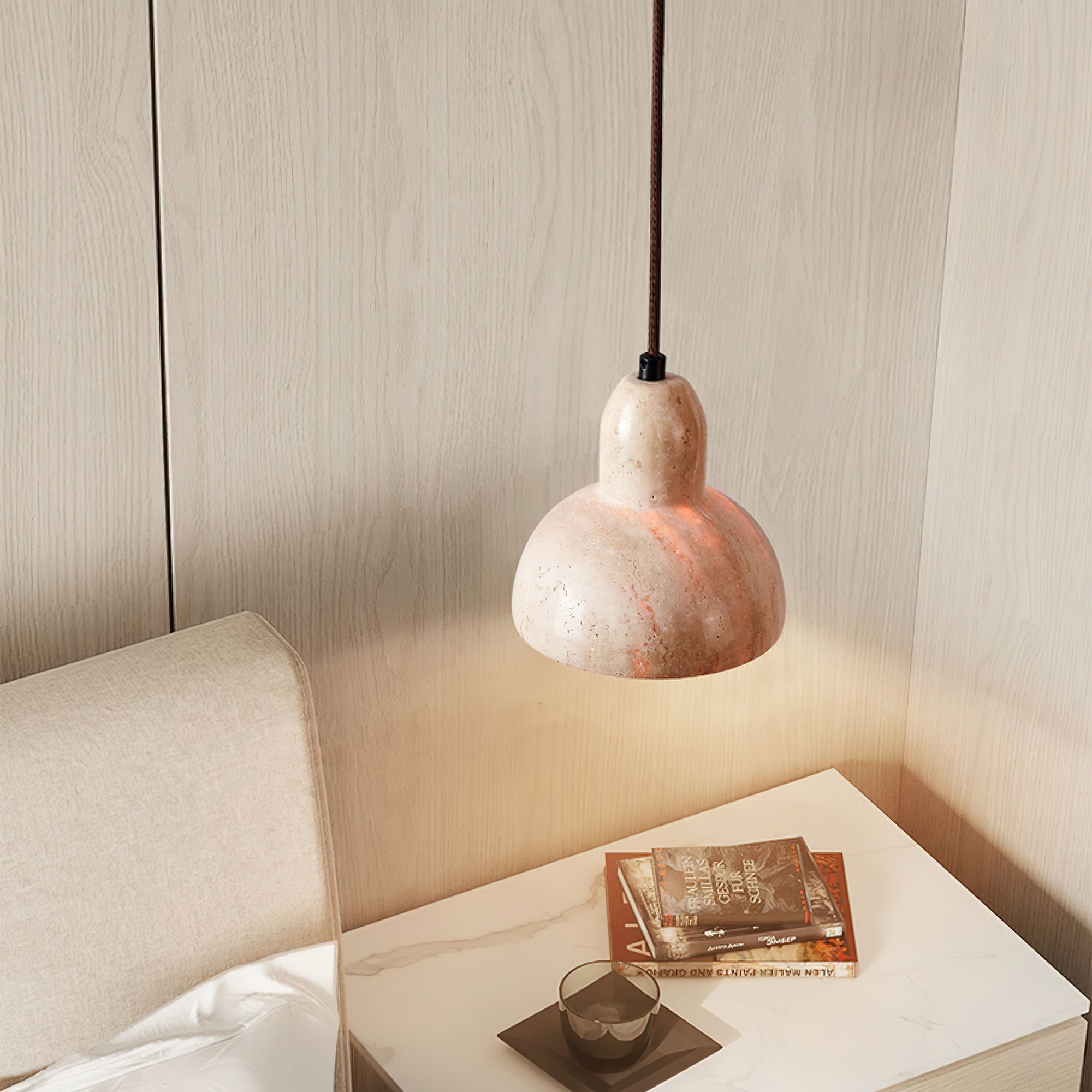 Modern Travertine Stone Halo Pendant Light Natural Marble Textured Hanging Lamp for Home Decor