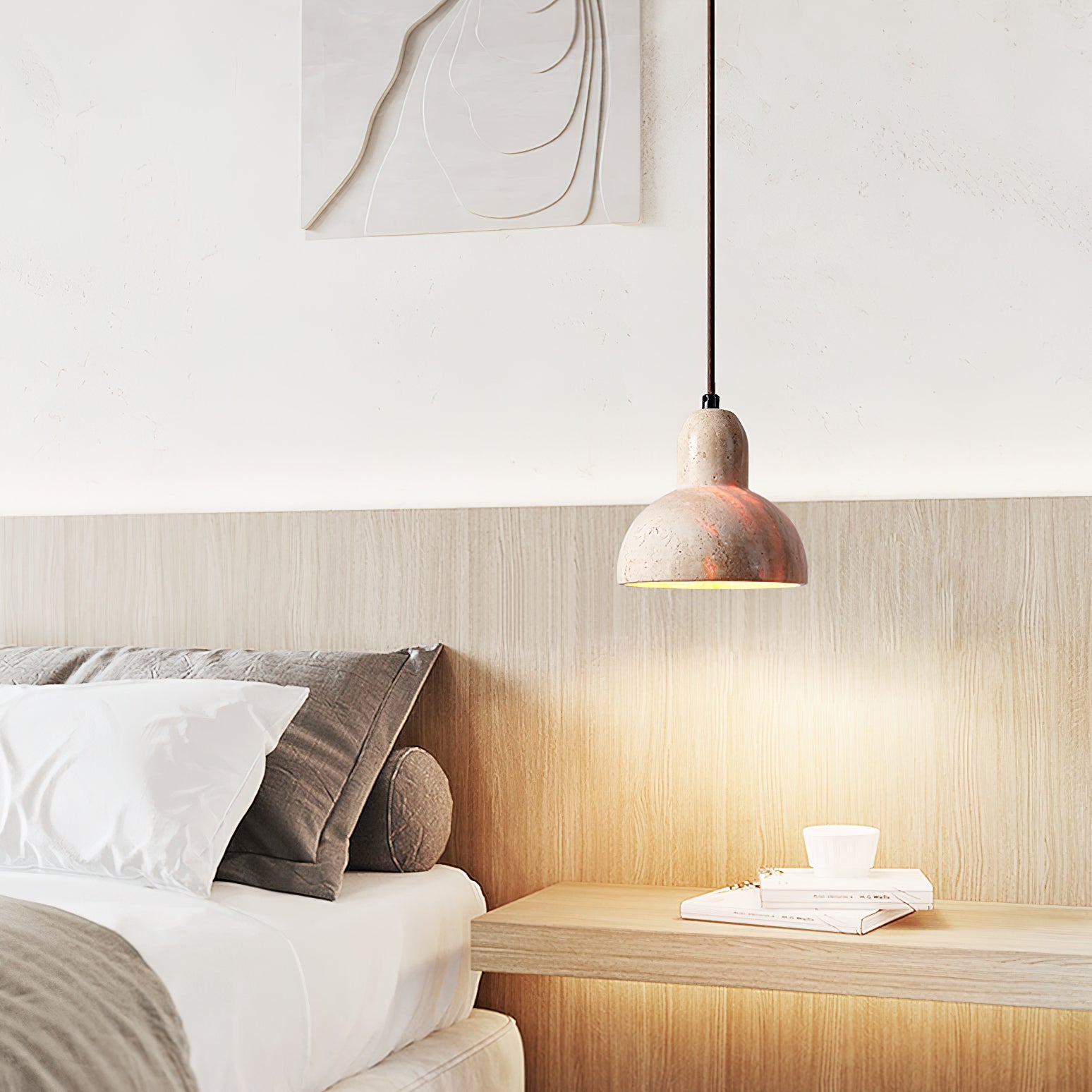 Modern Travertine Stone Halo Pendant Light Natural Marble Textured Hanging Lamp for Home Decor