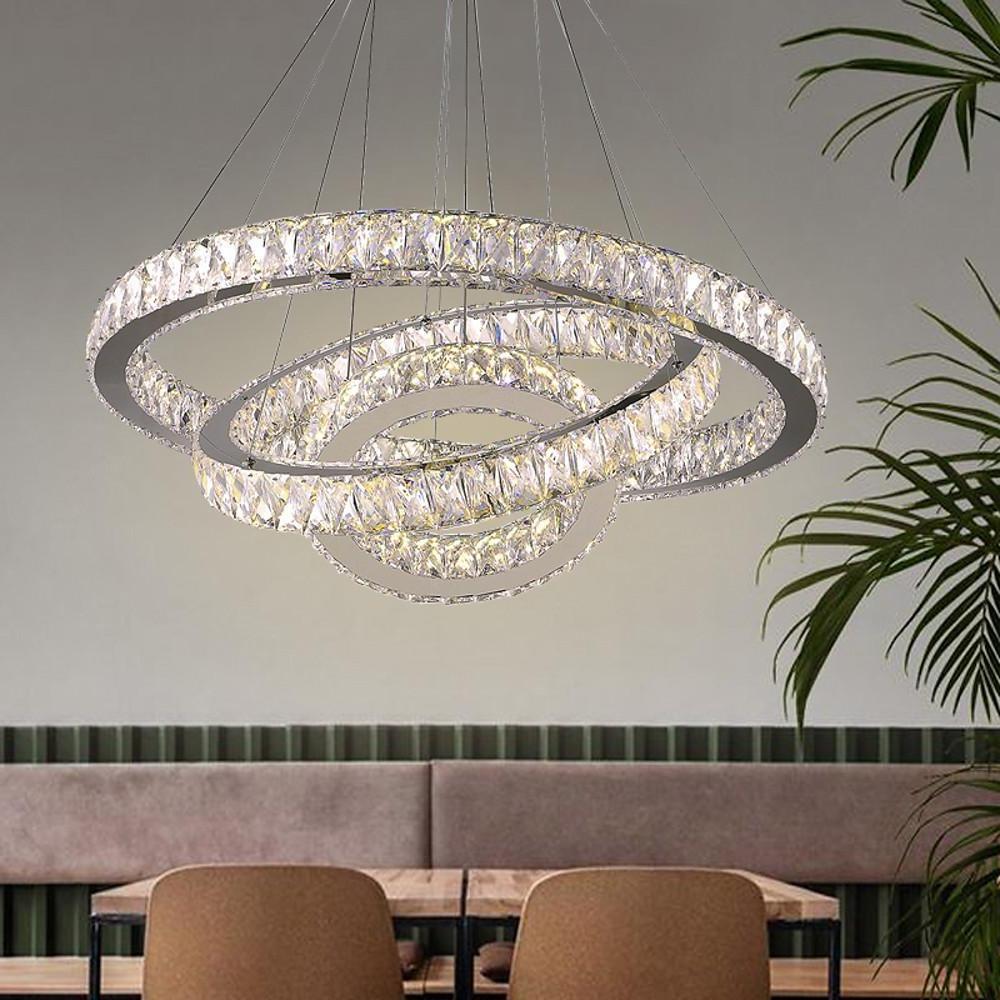 Modern Triple Circle Crystal Pendant Lighting Dimmable LED Silver Chandelier