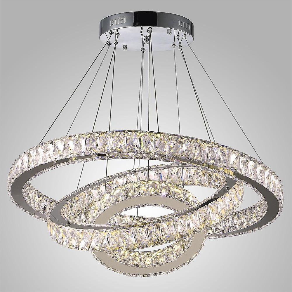 Modern Triple Circle Crystal Pendant Lighting Dimmable LED Silver Chandelier