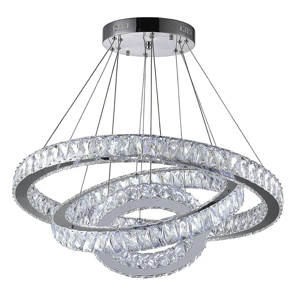Modern Triple Circle Crystal Pendant Lighting Dimmable LED Silver Chandelier