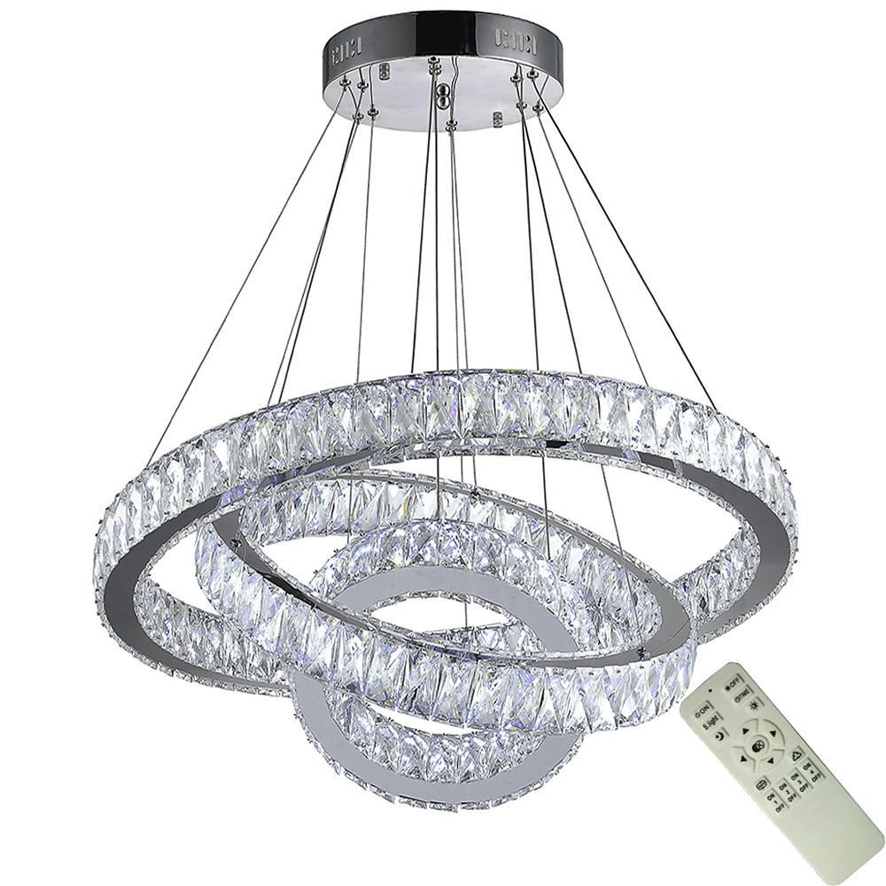 Modern Triple Circle Crystal Pendant Lighting Dimmable LED Silver Chandelier