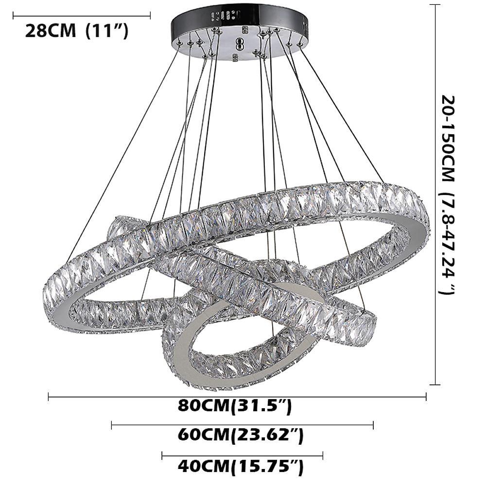 Modern Triple Circle Crystal Pendant Lighting Dimmable LED Silver Chandelier