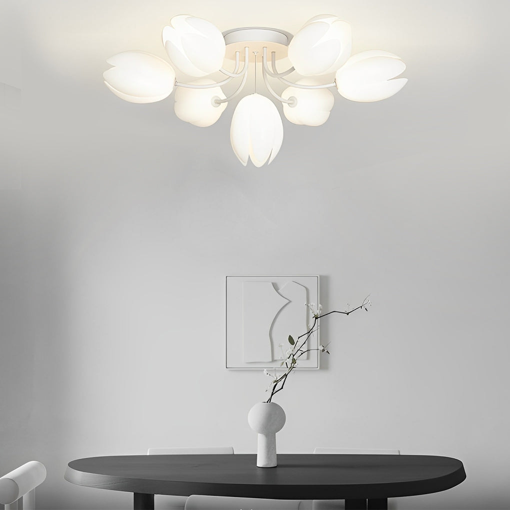 Modern Tulip Flower Design Flush Mount Ceiling Light White Minimalist Chandelier G9