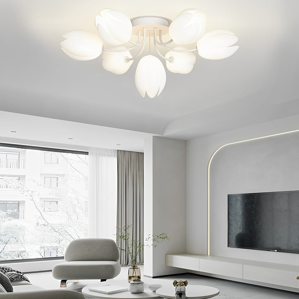 Modern Tulip Flower Design Flush Mount Ceiling Light White Minimalist Chandelier G9