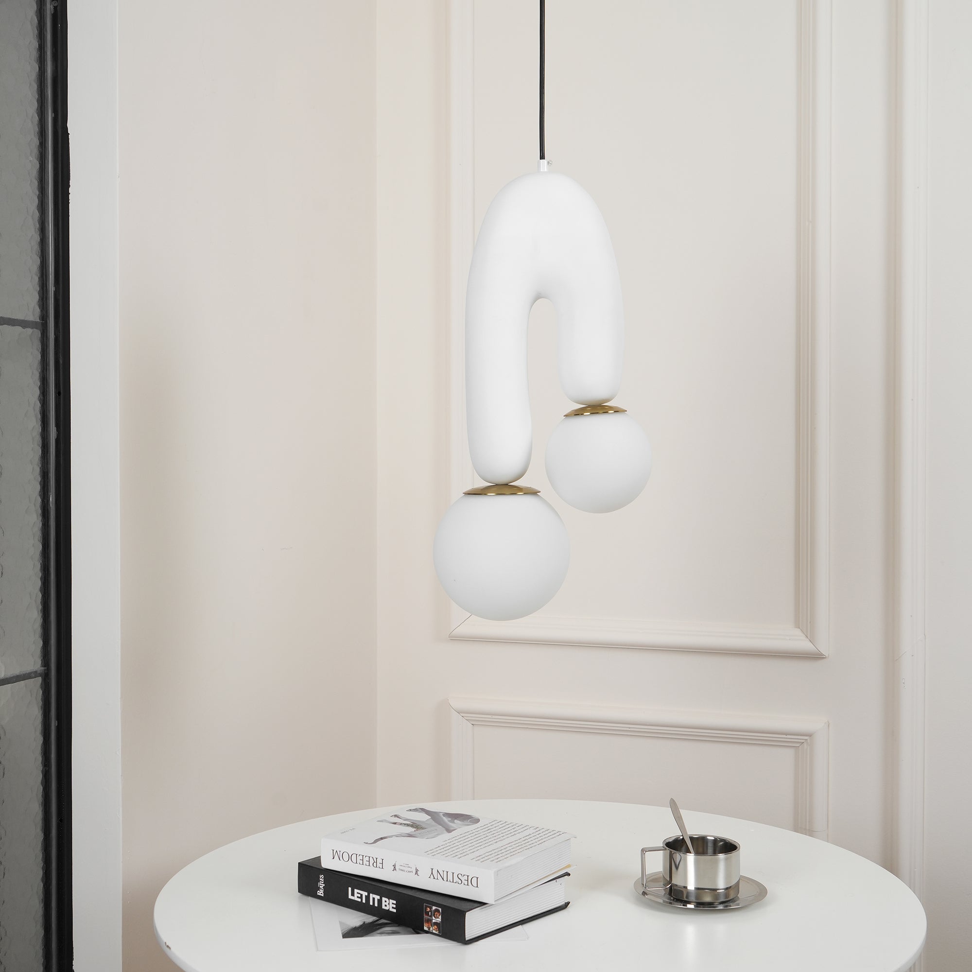 Modern U Shaped Resin Pendant Light with Opaline Glass Spheres and Gold Accents