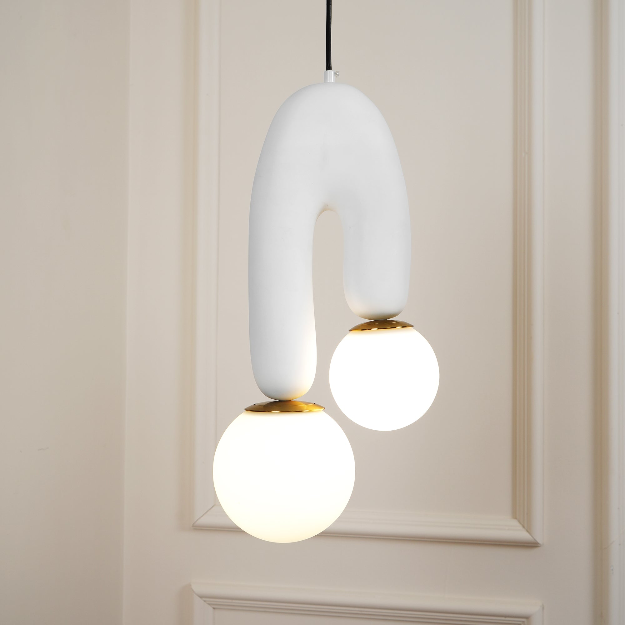 Modern U Shaped Resin Pendant Light with Opaline Glass Spheres and Gold Accents