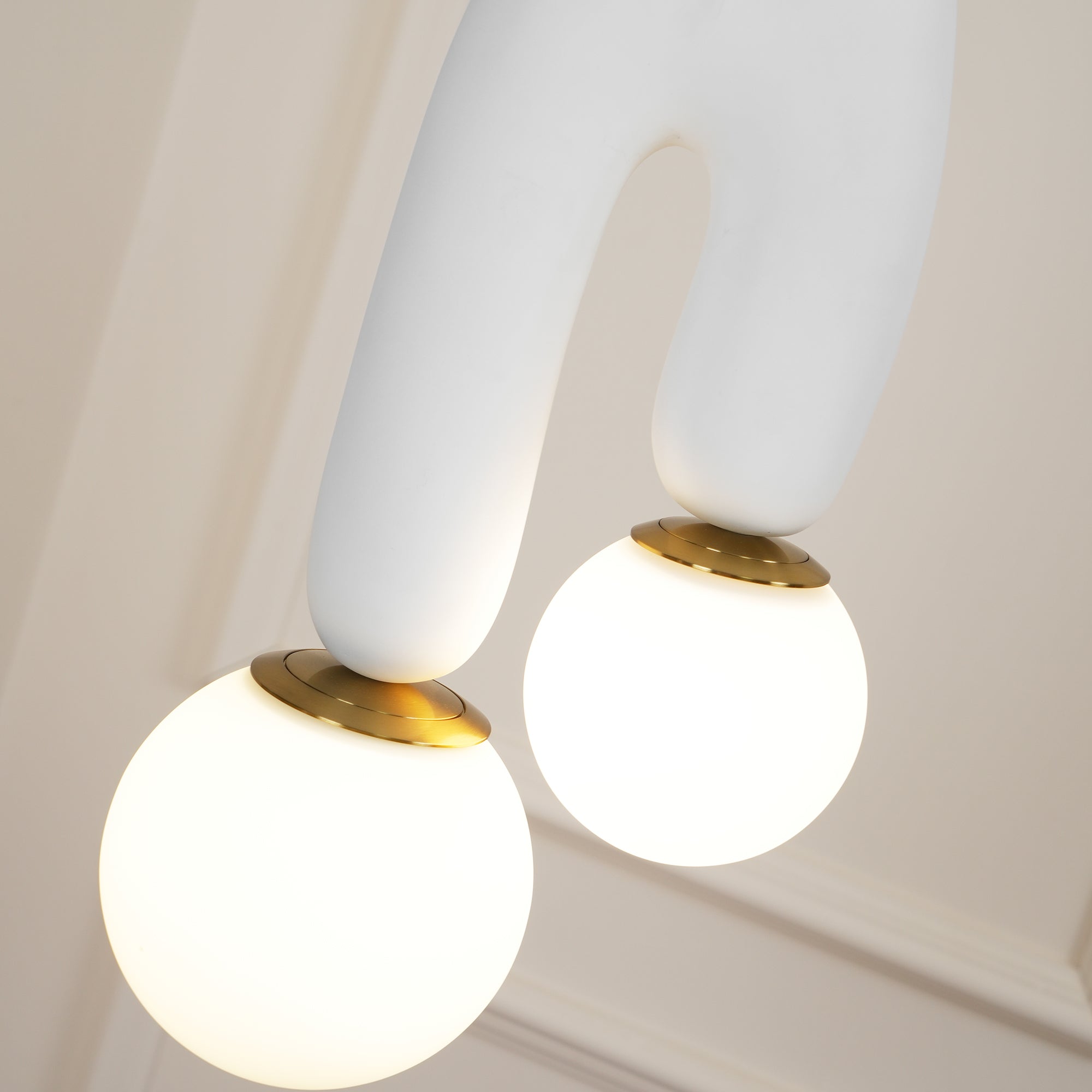 Modern U Shaped Resin Pendant Light with Opaline Glass Spheres and Gold Accents