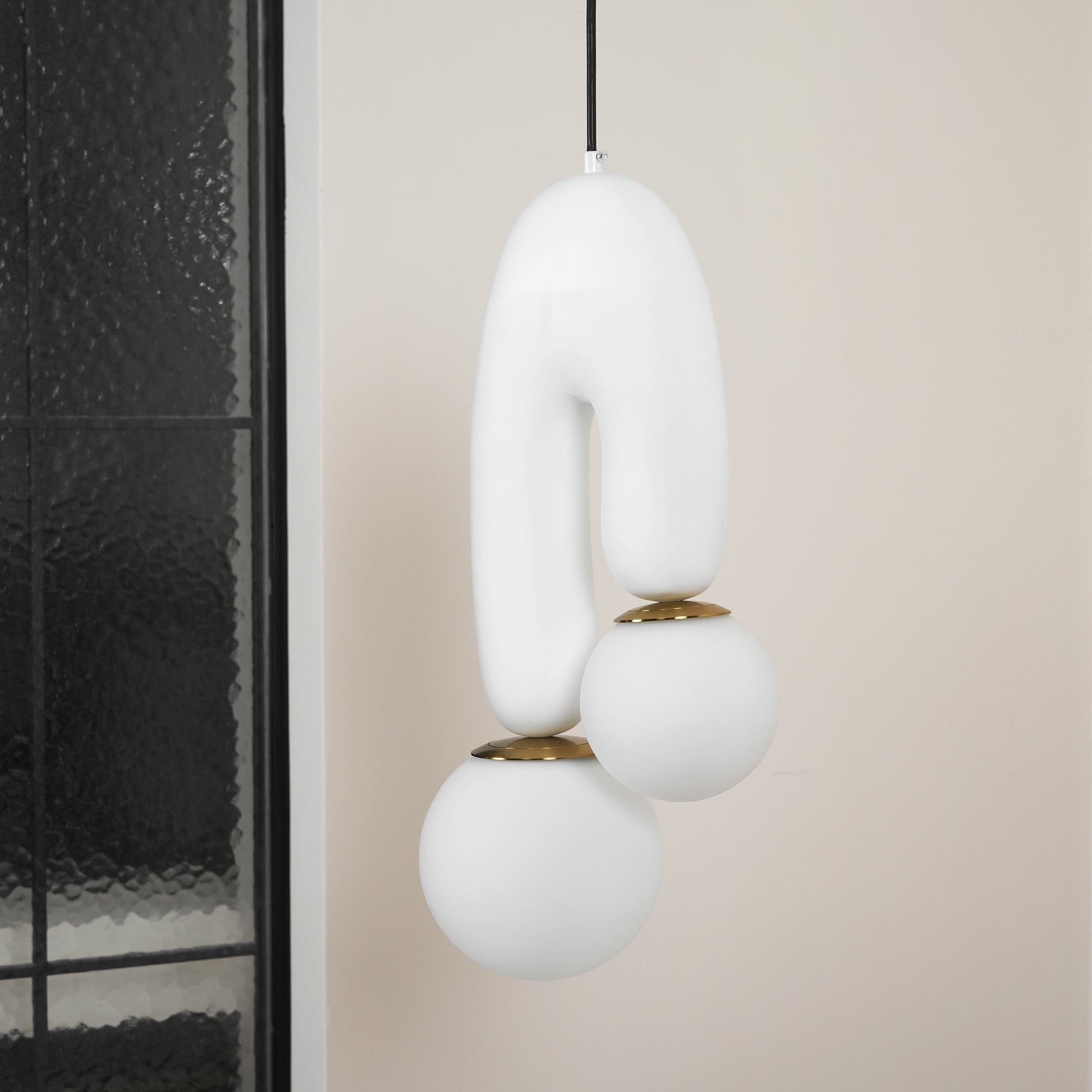 Modern U Shaped Resin Pendant Light with Opaline Glass Spheres and Gold Accents