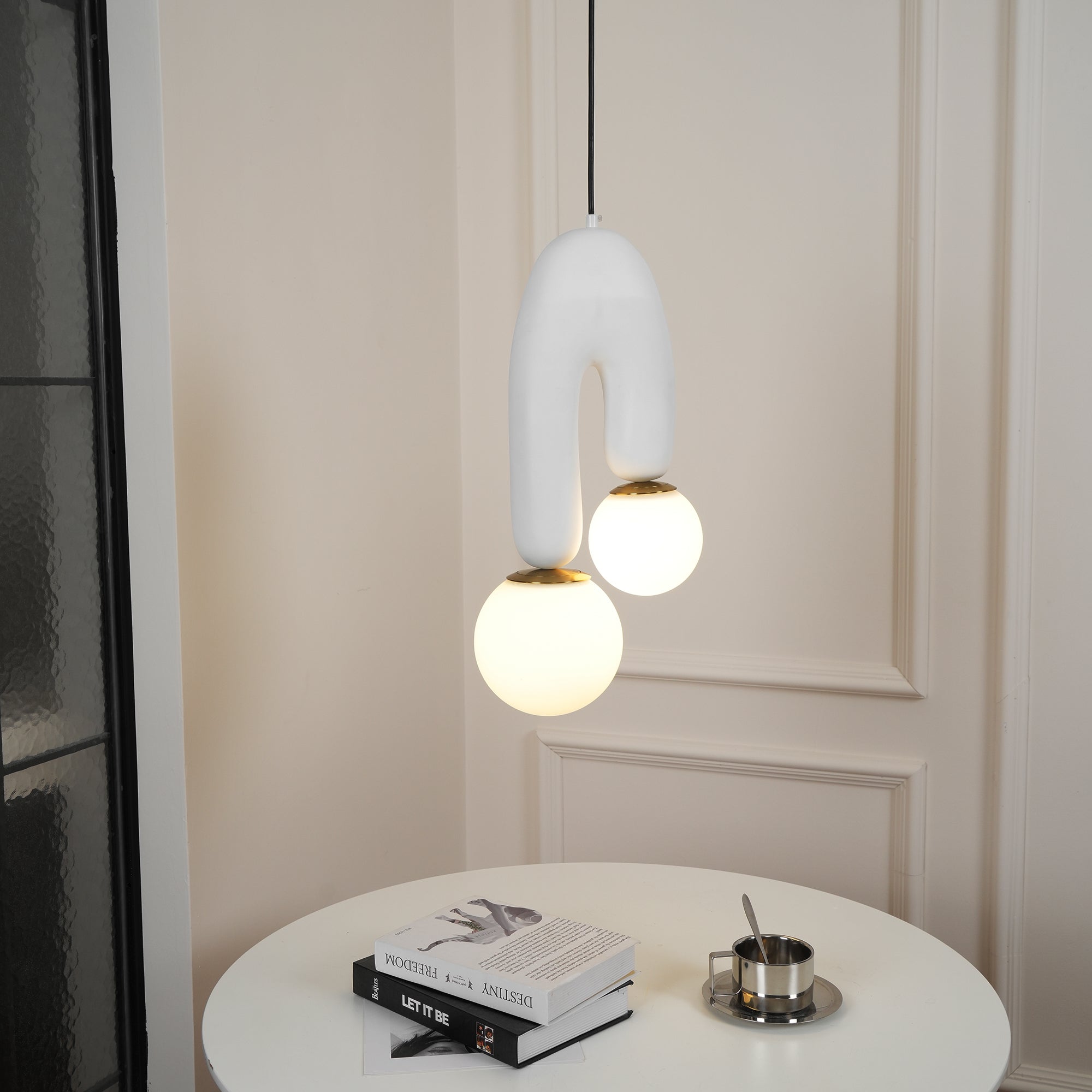 Modern U Shaped Resin Pendant Light with Opaline Glass Spheres and Gold Accents