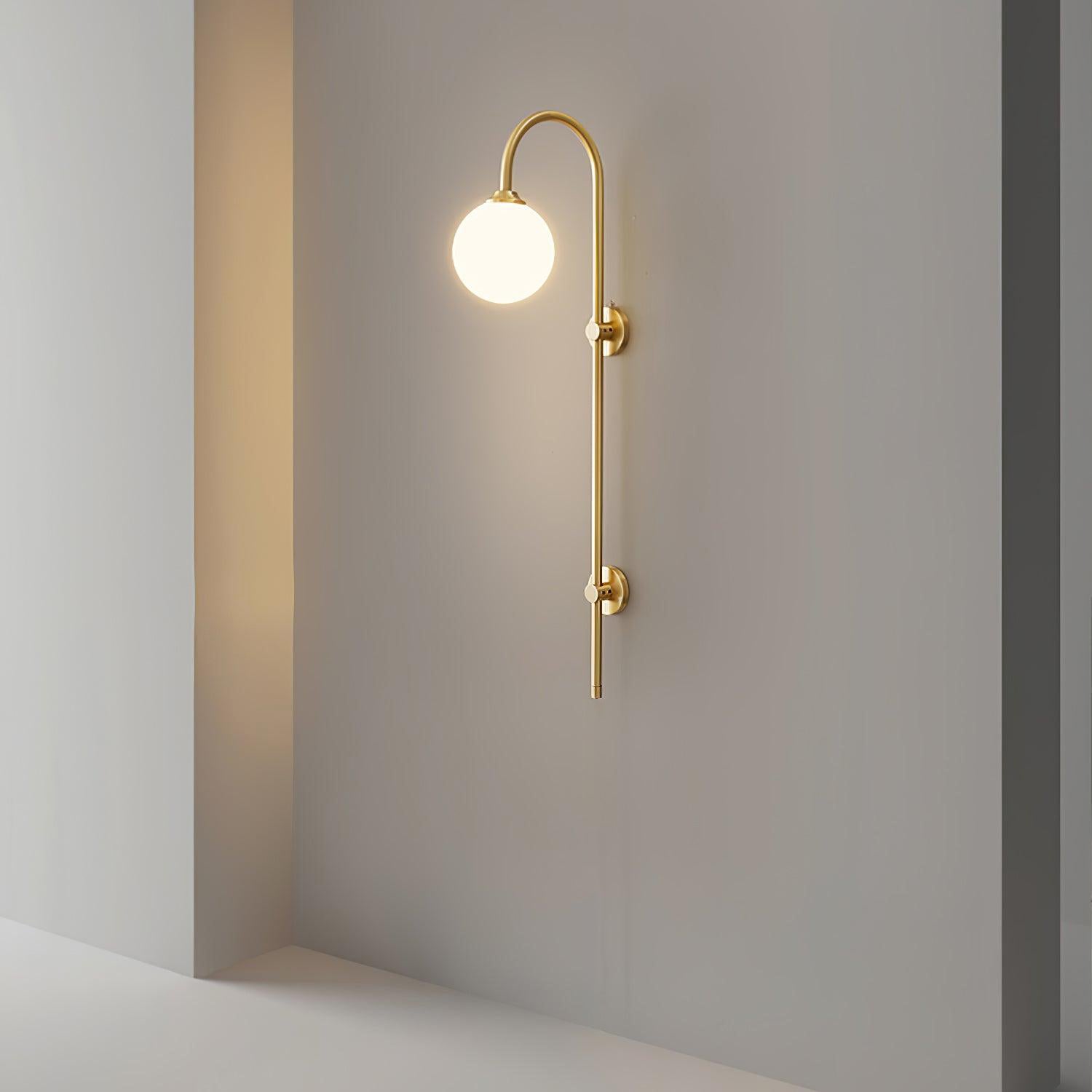 Modern Vertical Gold Wall Sconce with Spherical White Glass Globe Diffuser