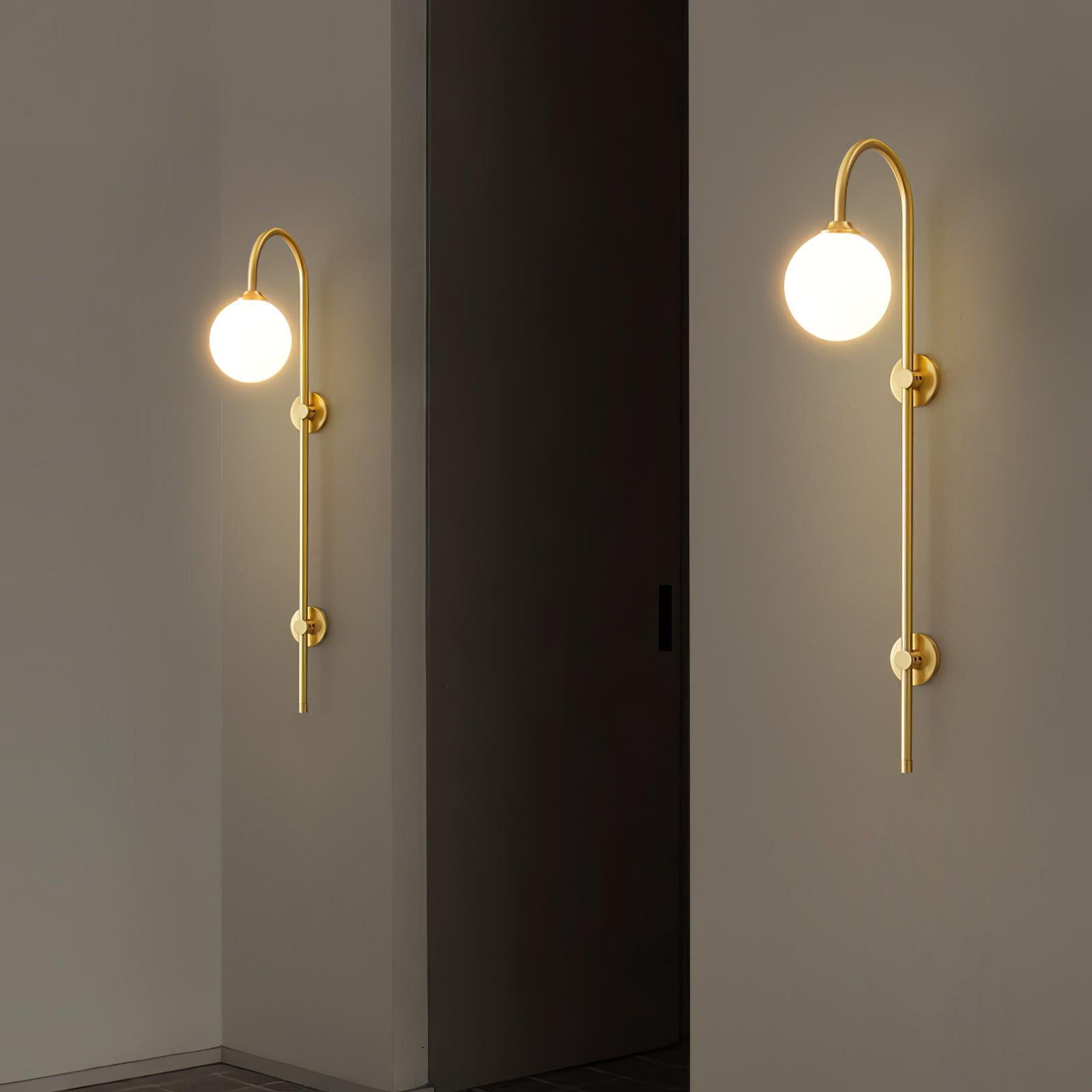 Modern Vertical Gold Wall Sconce with Spherical White Glass Globe Diffuser