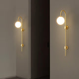 Modern Vertical Gold Wall Sconce with Spherical White Glass Globe Diffuser