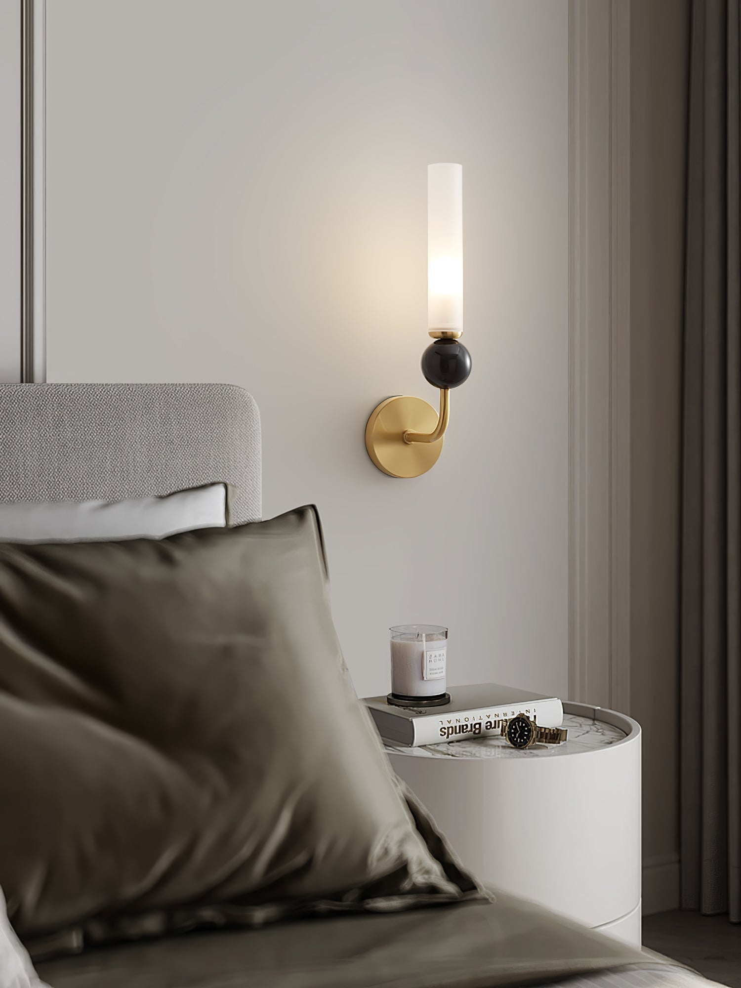 Modern Vertical Marble Wall Sconce with Solid Brass Arm and Acrylic Diffuser