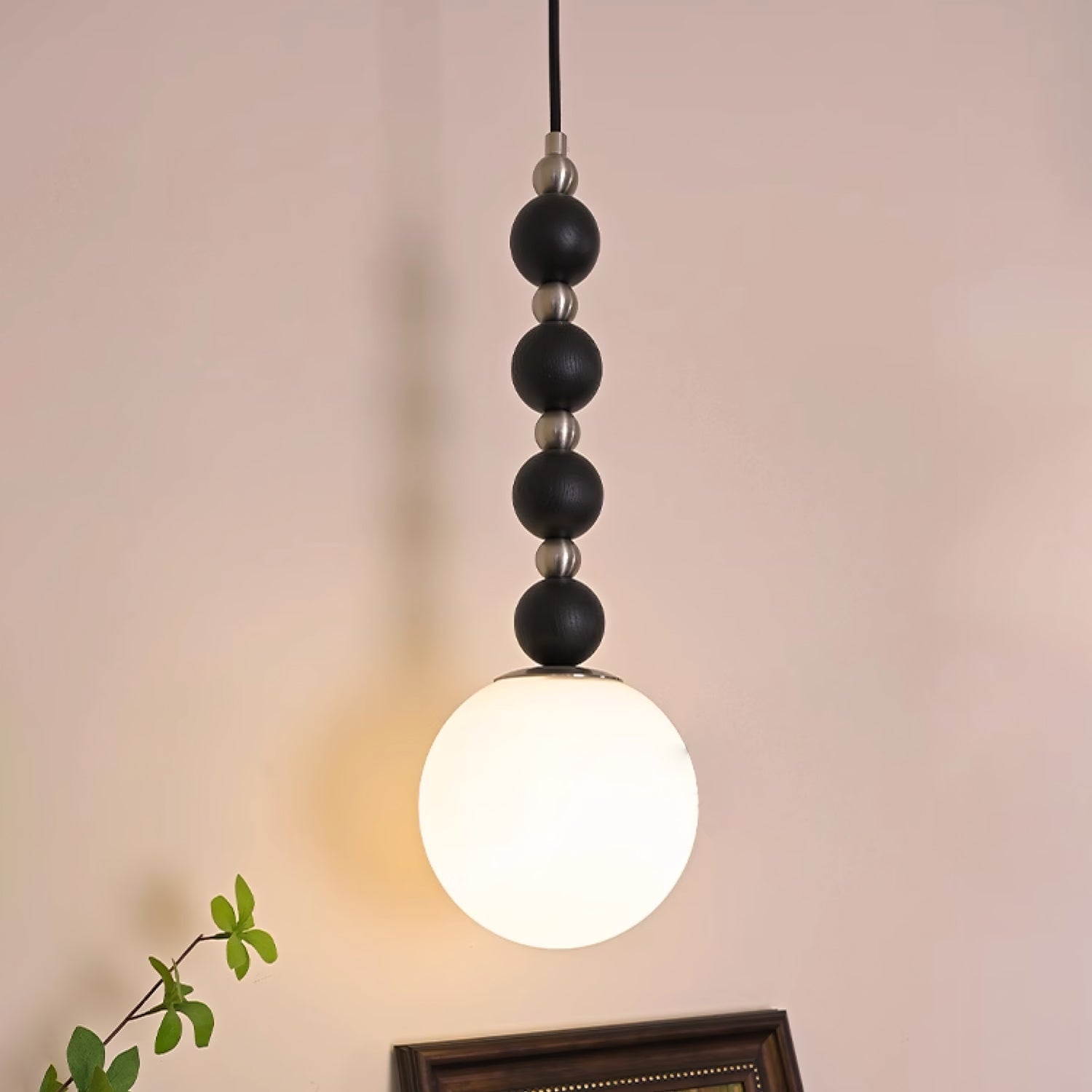 Modern Vertical Walnut Wood Ball Pendant Light with Frosted Glass Globe Diffuser