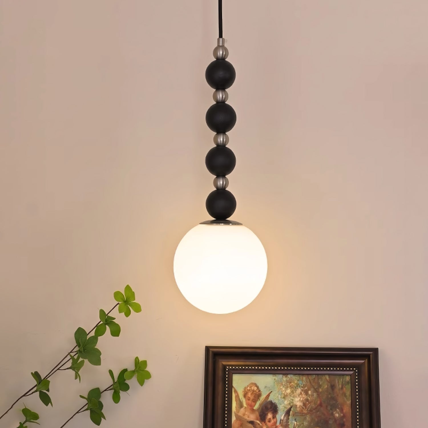 Modern Vertical Walnut Wood Ball Pendant Light with Frosted Glass Globe Diffuser