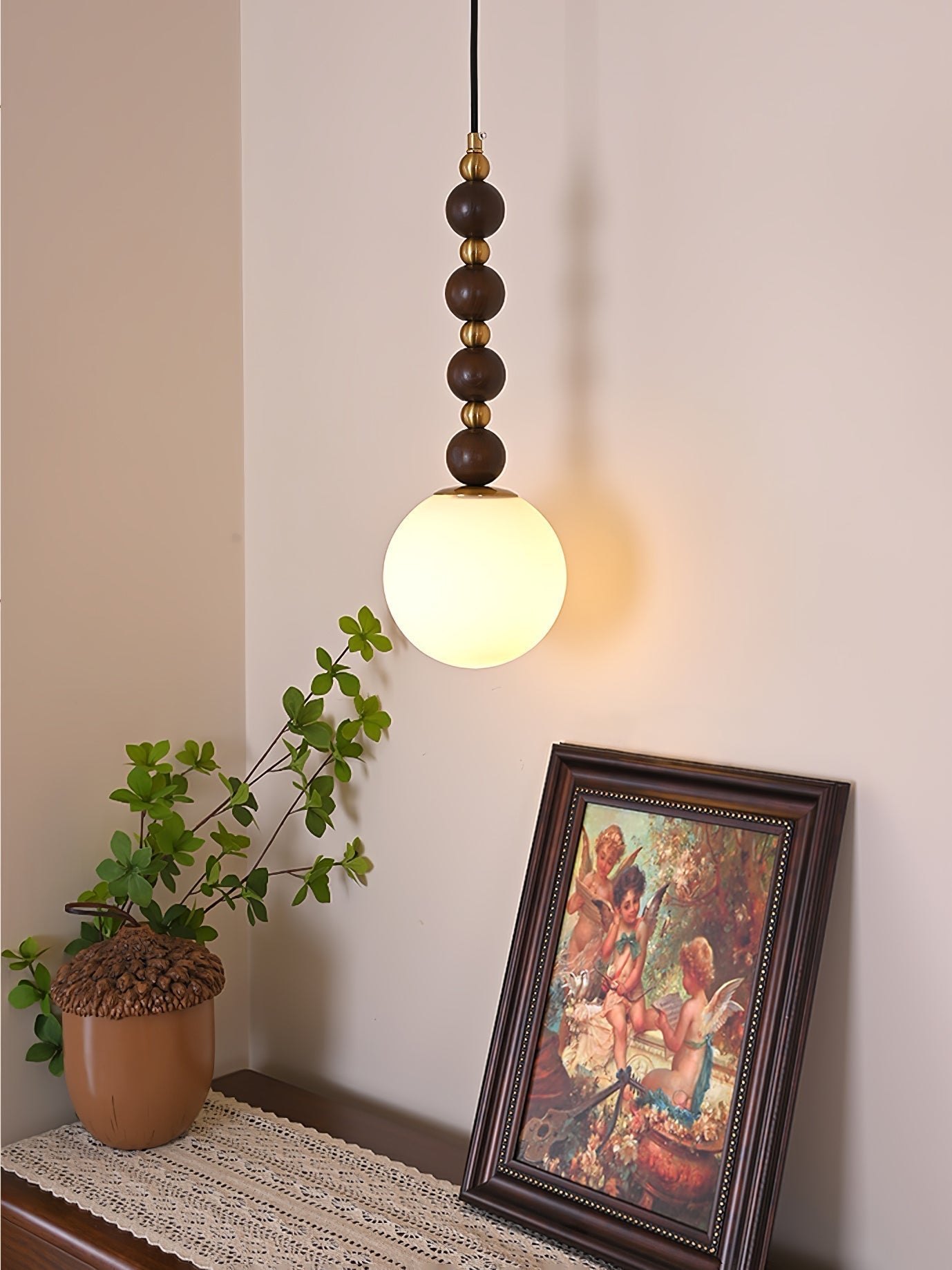 Modern Vertical Walnut Wood Ball Pendant Light with Frosted Glass Globe Diffuser