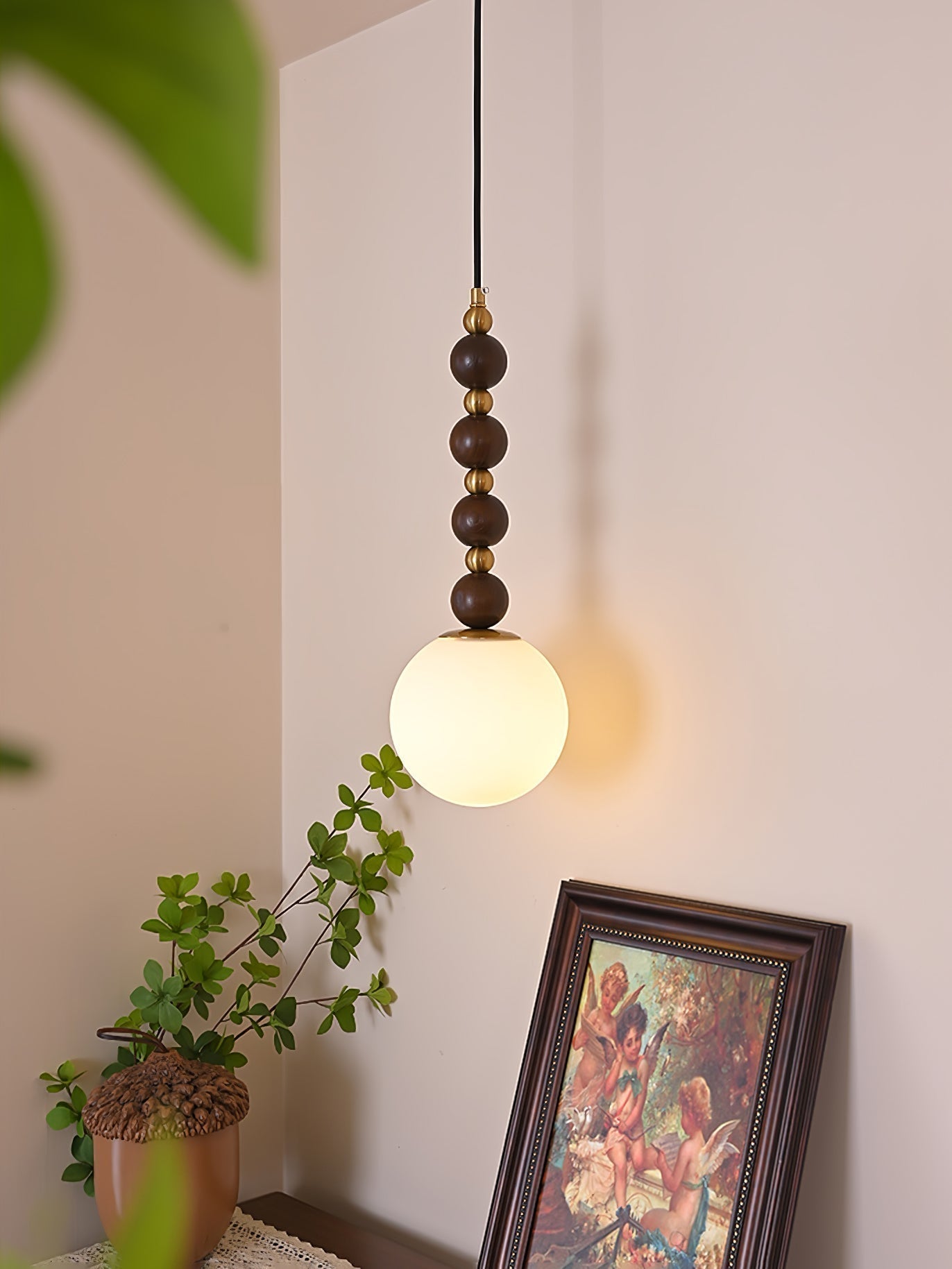 Modern Vertical Walnut Wood Ball Pendant Light with Frosted Glass Globe Diffuser