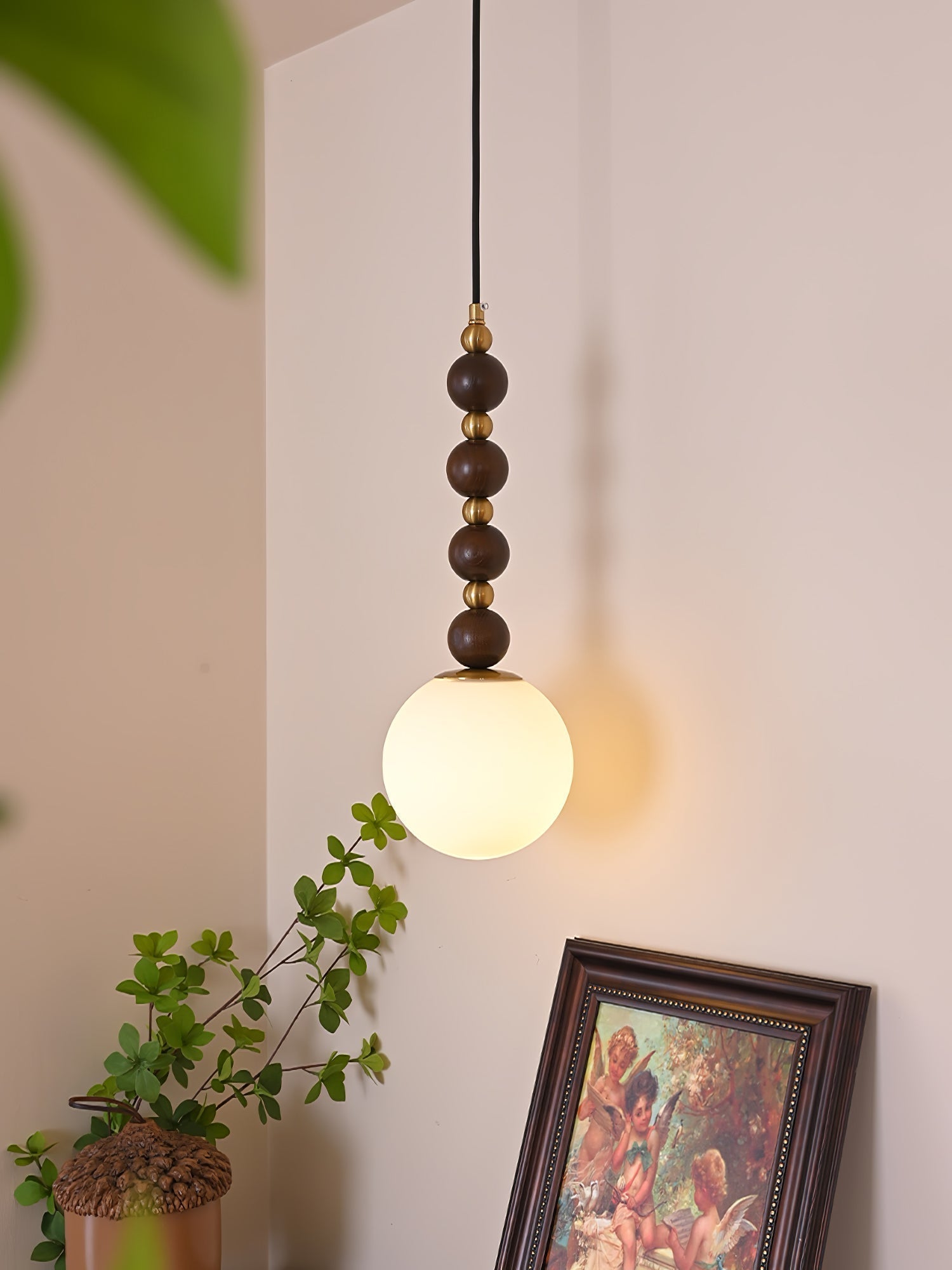 Modern Vertical Walnut Wood Ball Pendant Light with Frosted Glass Globe Diffuser