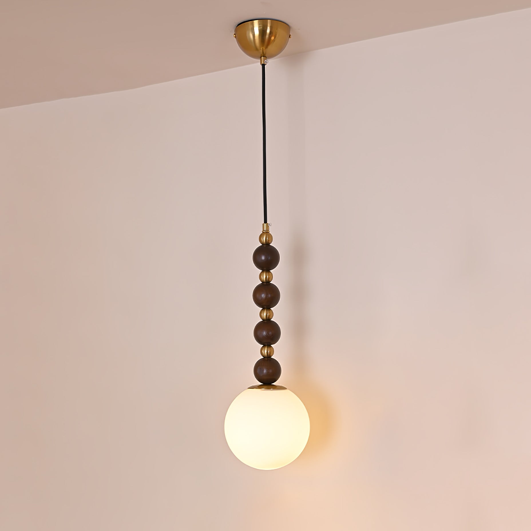 Modern Vertical Walnut Wood Ball Pendant Light with Frosted Glass Globe Diffuser