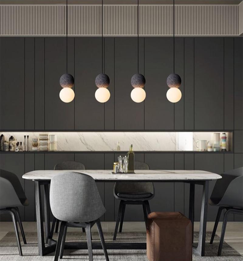 Modern Volcanic Stone and Glass Globe Pendant Light Plug In Swag Lamp