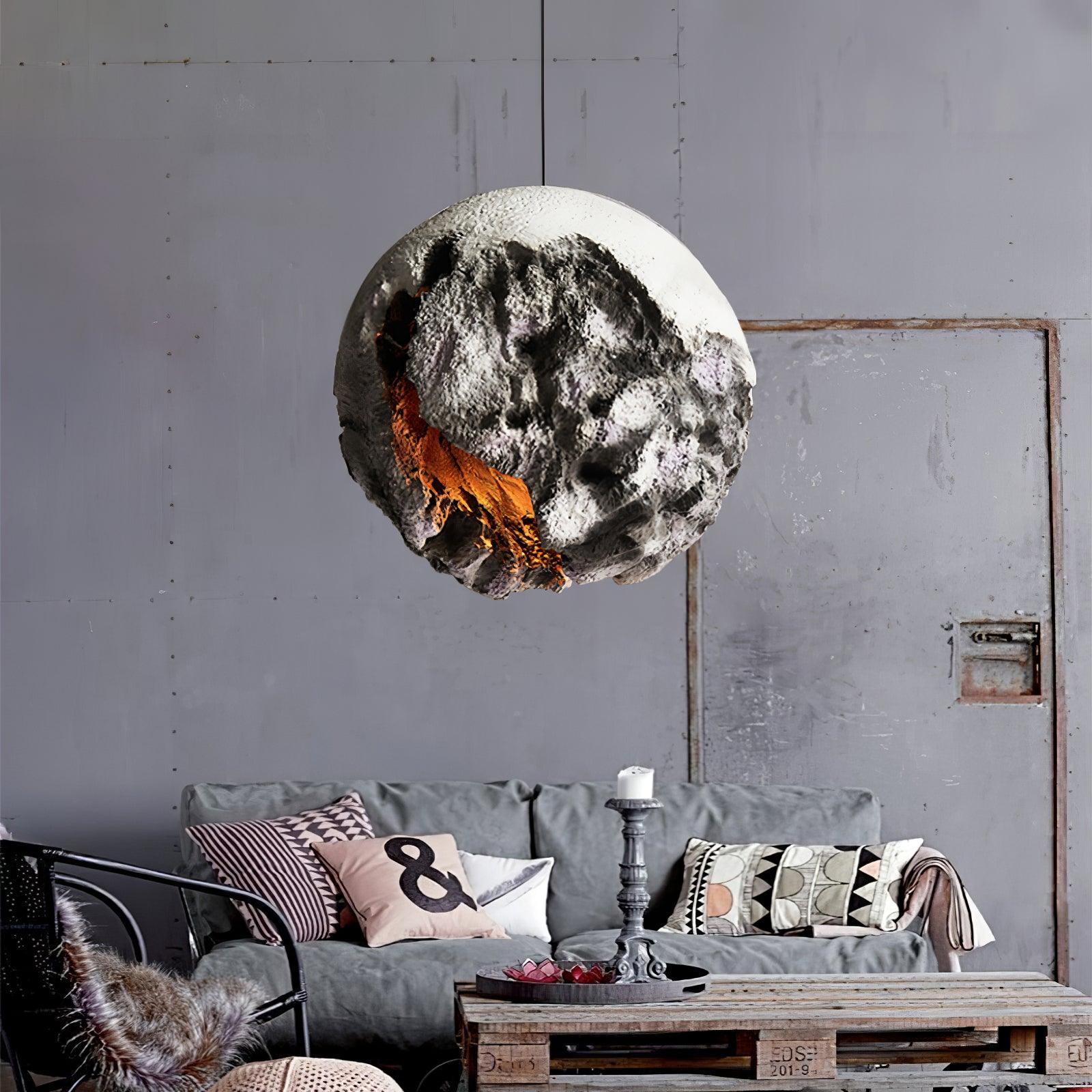 Modern Wabi Sabi Grey Planet Pendant Light Artistic Textured Resin Hanging Ceiling Lamp