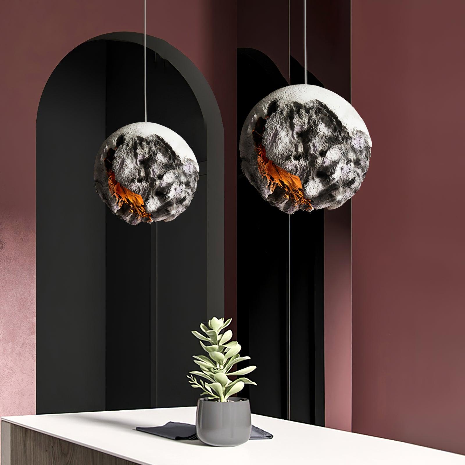 Modern Wabi Sabi Grey Planet Pendant Light Artistic Textured Resin Hanging Ceiling Lamp