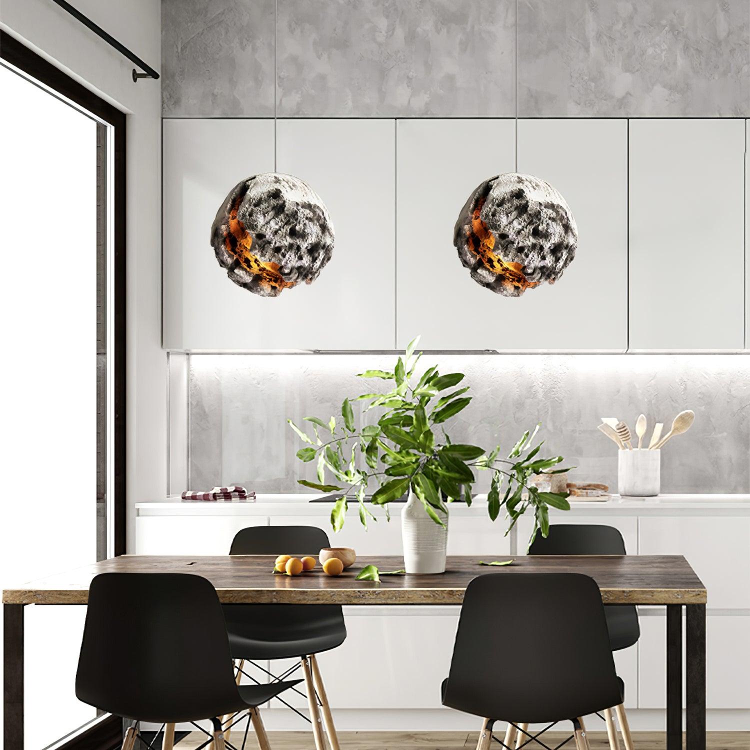 Modern Wabi Sabi Grey Planet Pendant Light Artistic Textured Resin Hanging Ceiling Lamp