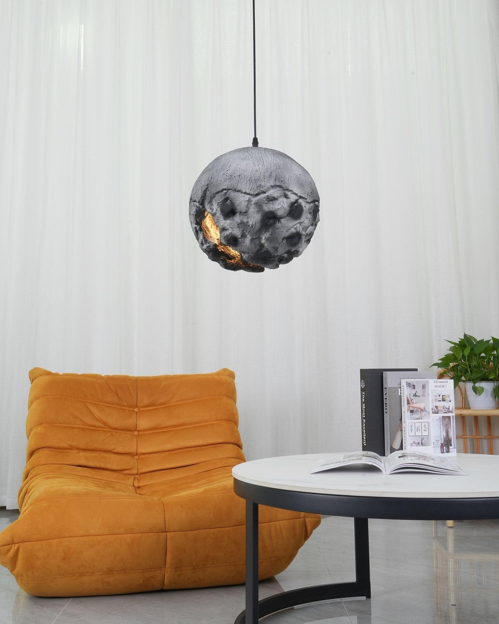 Modern Wabi Sabi Grey Planet Pendant Light Artistic Textured Resin Hanging Ceiling Lamp