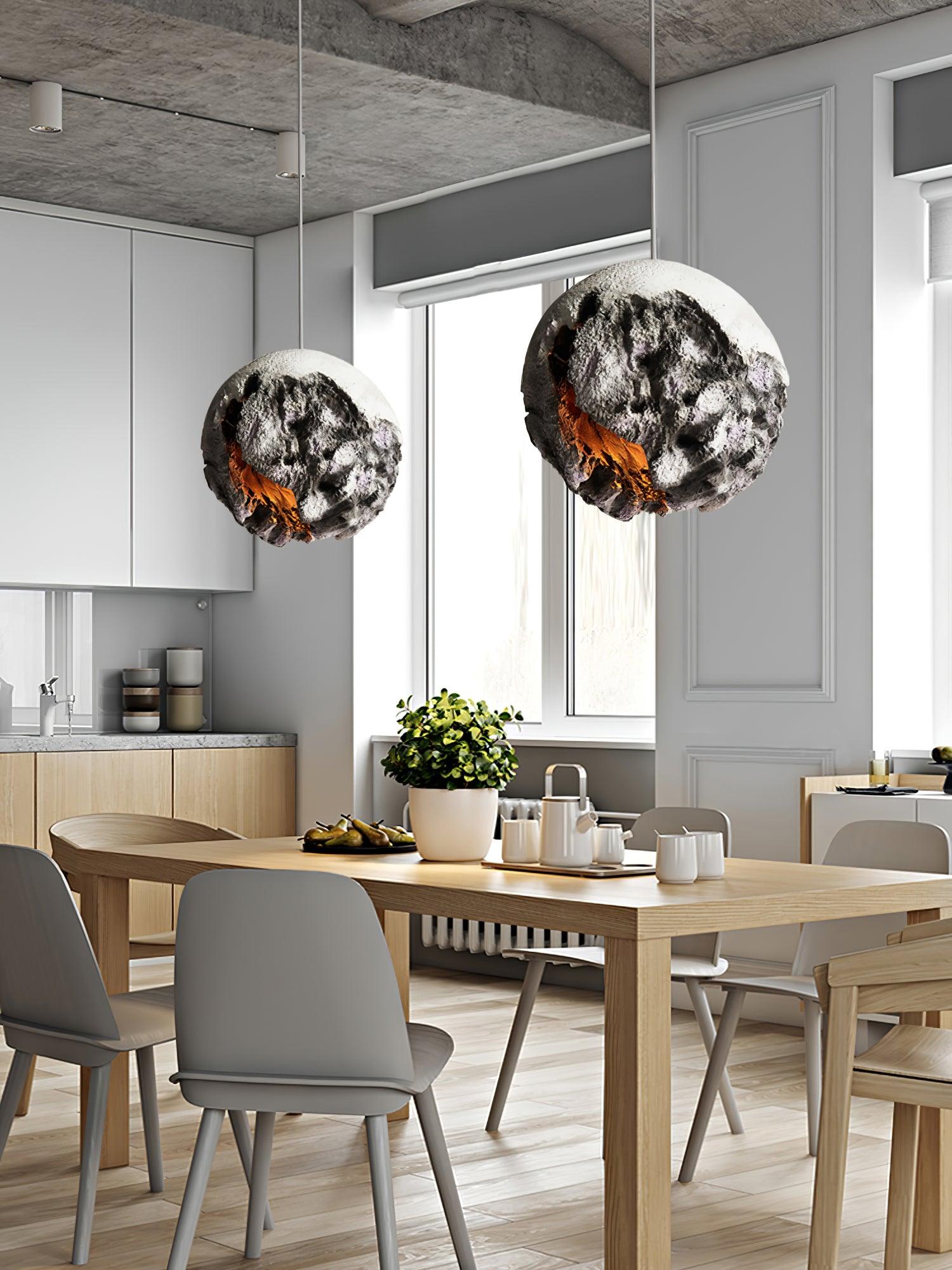 Modern Wabi Sabi Grey Planet Pendant Light Artistic Textured Resin Hanging Ceiling Lamp