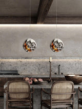 Modern Wabi Sabi Grey Planet Pendant Light Artistic Textured Resin Hanging Ceiling Lamp