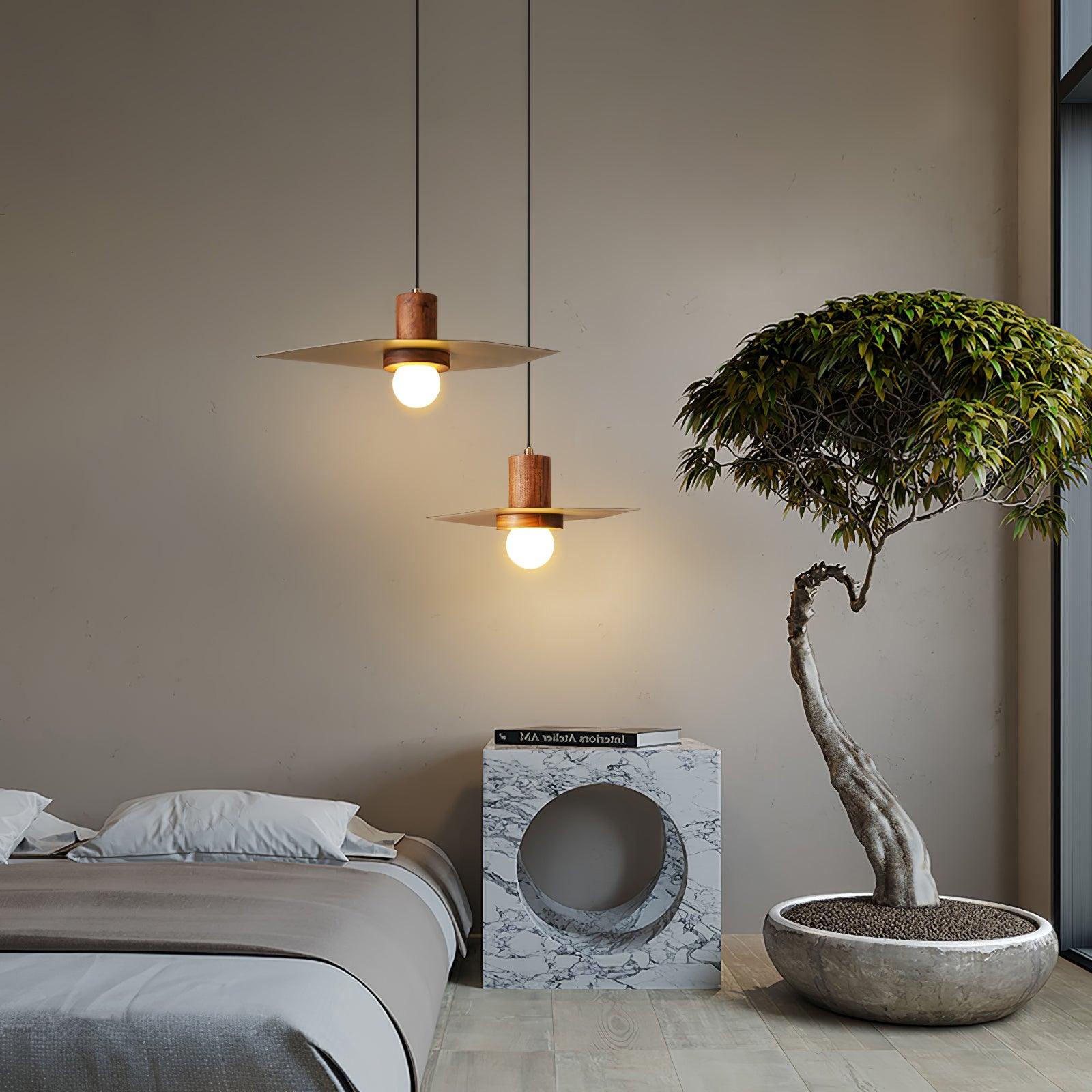 Modern Walnut and Brass Pendant Light Elara Halo Glass Dome Hanging Ceiling Fixture