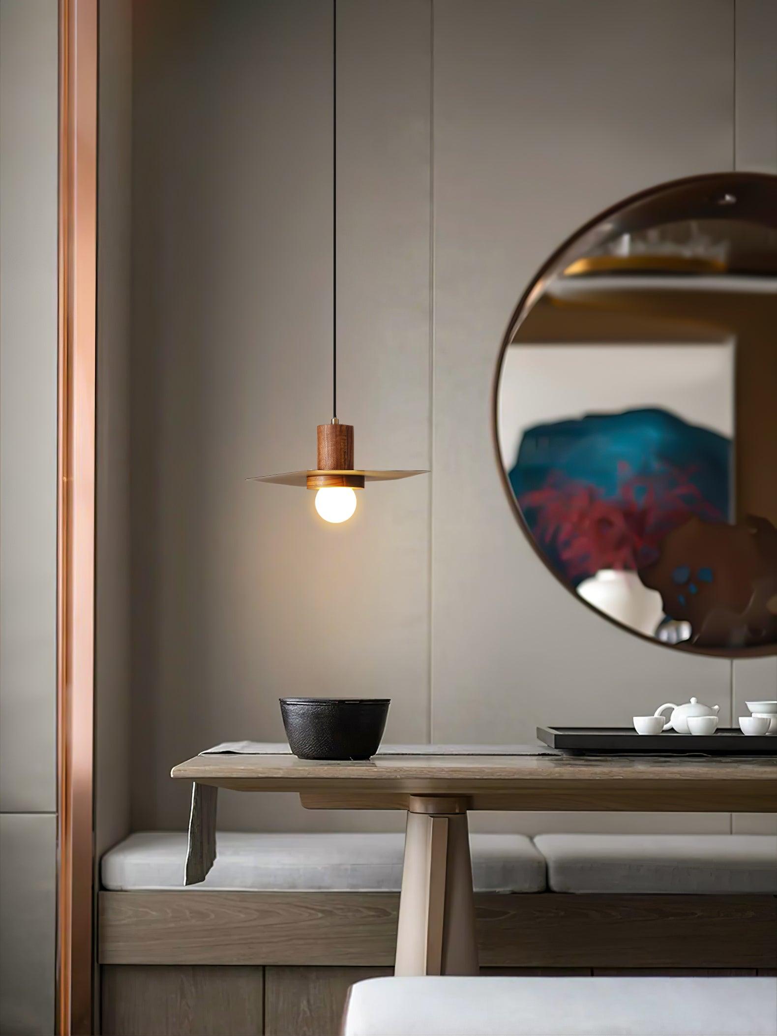 Modern Walnut and Brass Pendant Light Elara Halo Glass Dome Hanging Ceiling Fixture