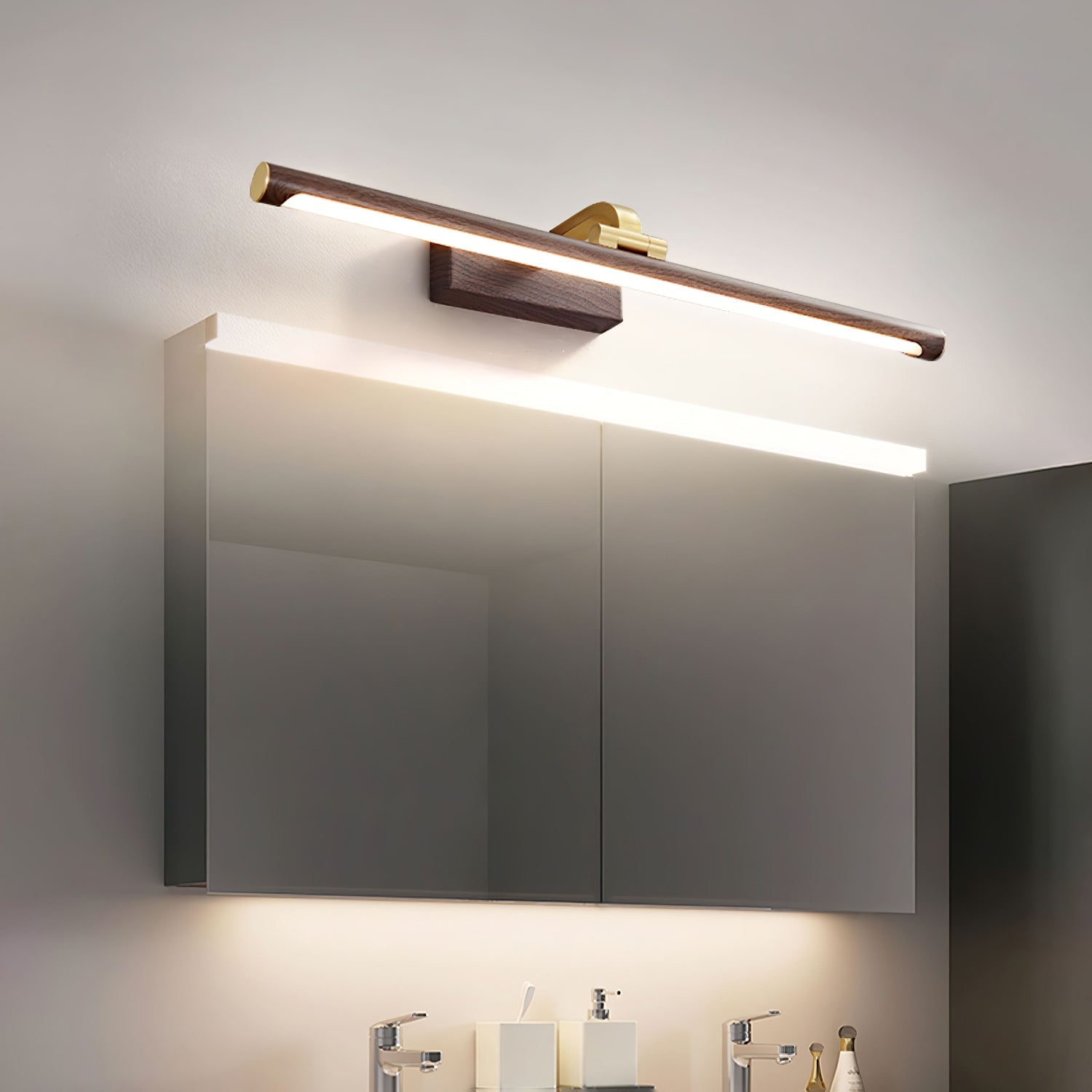 Modern Walnut Tone Linear LED Wall Sconce with Brass Accents and Integrated Lighting