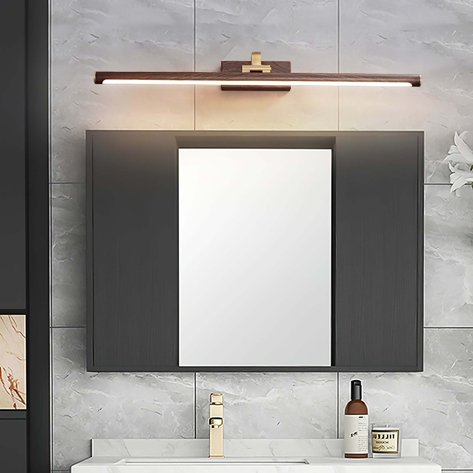 Modern Walnut Tone Linear LED Wall Sconce with Brass Accents and Integrated Lighting