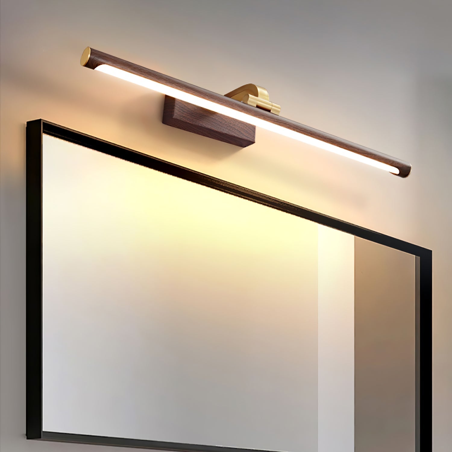Modern Walnut Tone Linear LED Wall Sconce with Brass Accents and Integrated Lighting