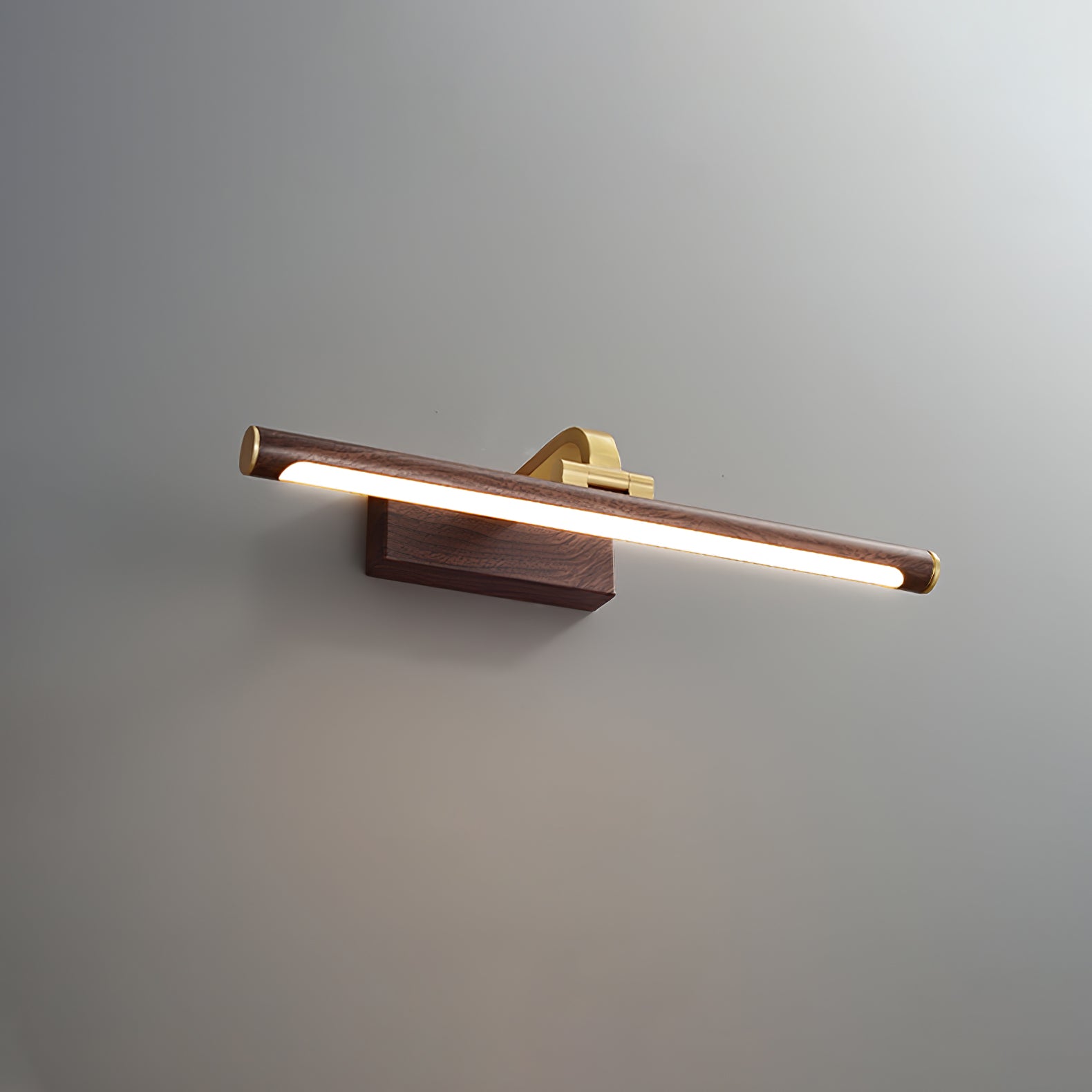 Modern Walnut Tone Linear LED Wall Sconce with Brass Accents and Integrated Lighting