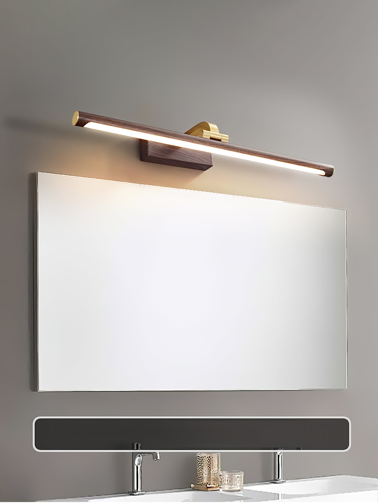 Modern Walnut Tone Linear LED Wall Sconce with Brass Accents and Integrated Lighting