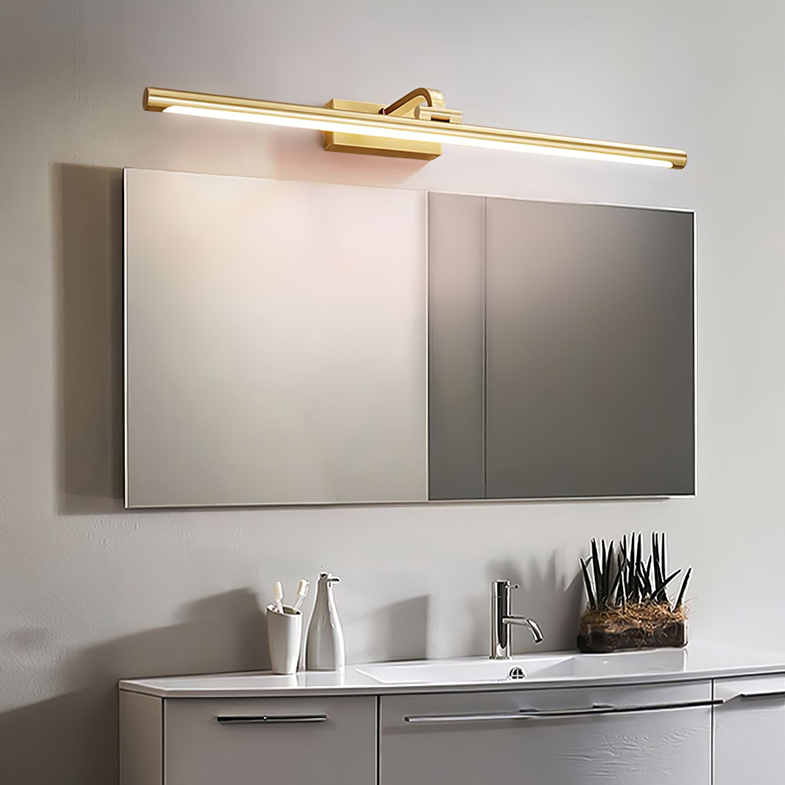 Modern Walnut Tone Linear LED Wall Sconce with Brass Accents and Integrated Lighting
