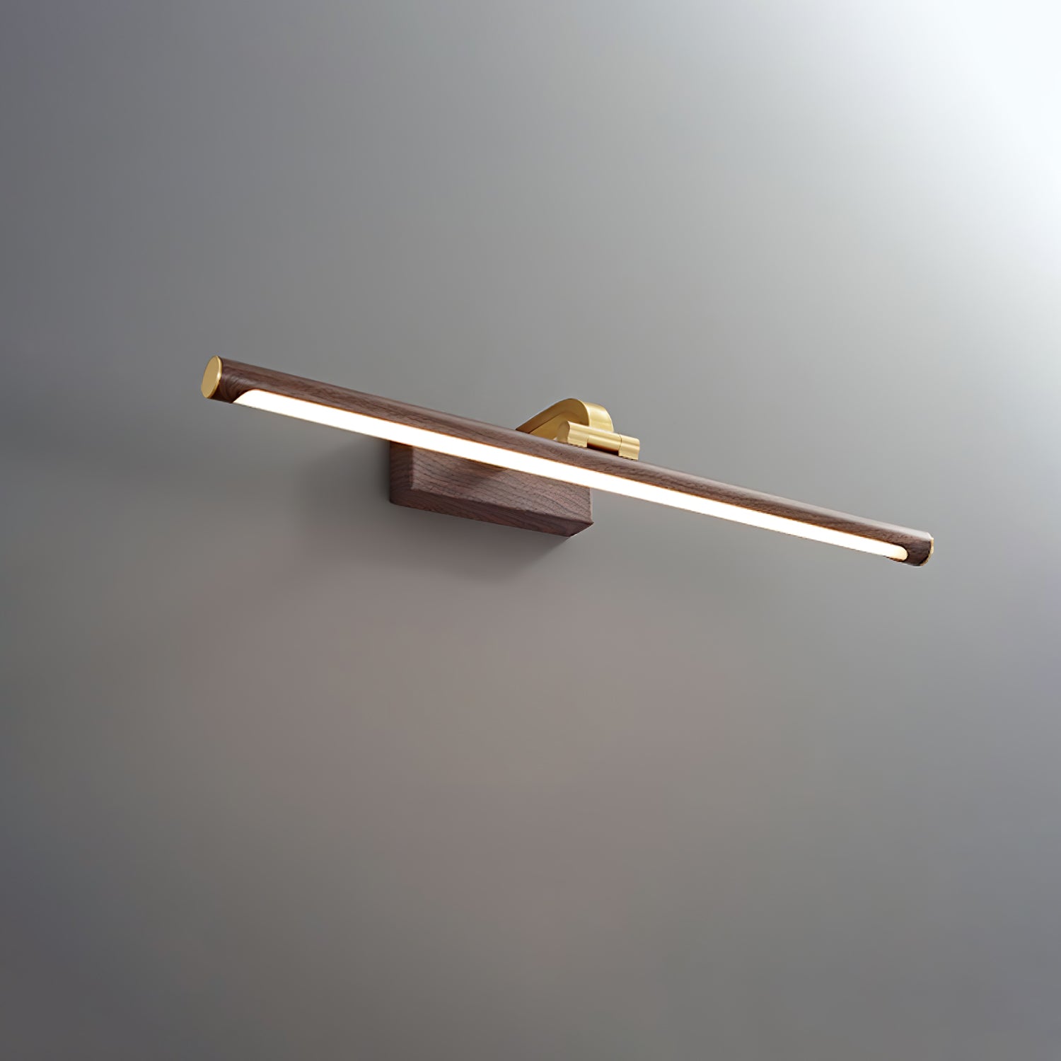 Modern Walnut Tone Linear LED Wall Sconce with Brass Accents and Integrated Lighting