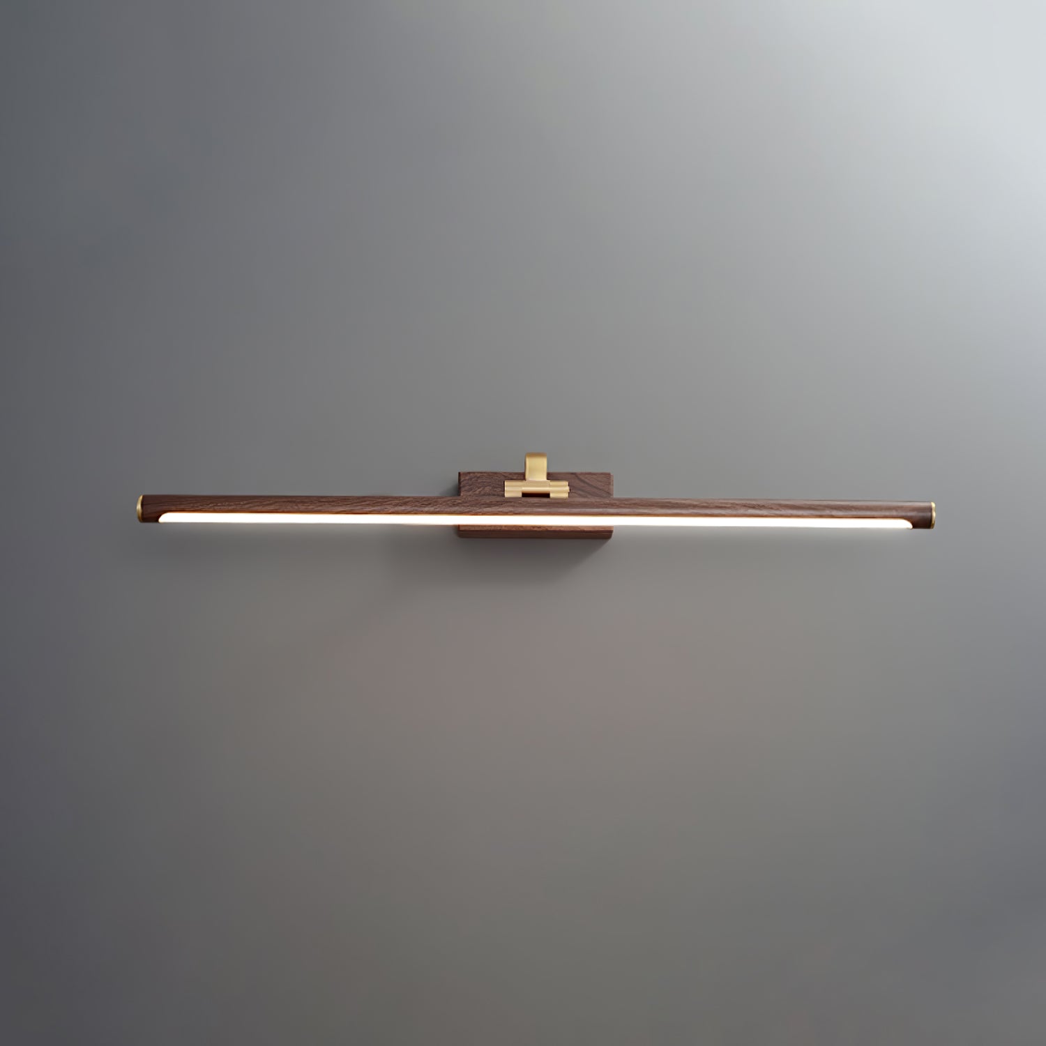 Modern Walnut Tone Linear LED Wall Sconce with Brass Accents and Integrated Lighting