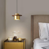 Modern Walnut Wood and Brass Pendant Light Minimalist Hanging Ceiling Fixture for Living Room