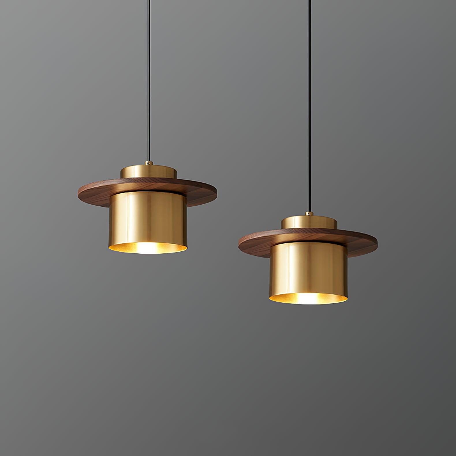 Modern Walnut Wood and Brass Pendant Light Minimalist Hanging Ceiling Fixture for Living Room